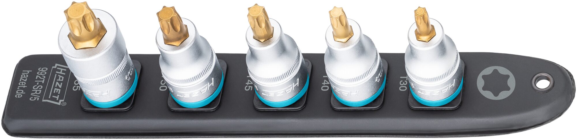 HAZET SmartRail · Flexible Kunststoff-Steckleiste 992T-SR/5 · Vierkant hohl 12,5 mm (1/2 Zoll) · Innen TORX® Profil · T30 · T40 · T45 · T50 · T55 · Anzahl Werkzeuge: 5
