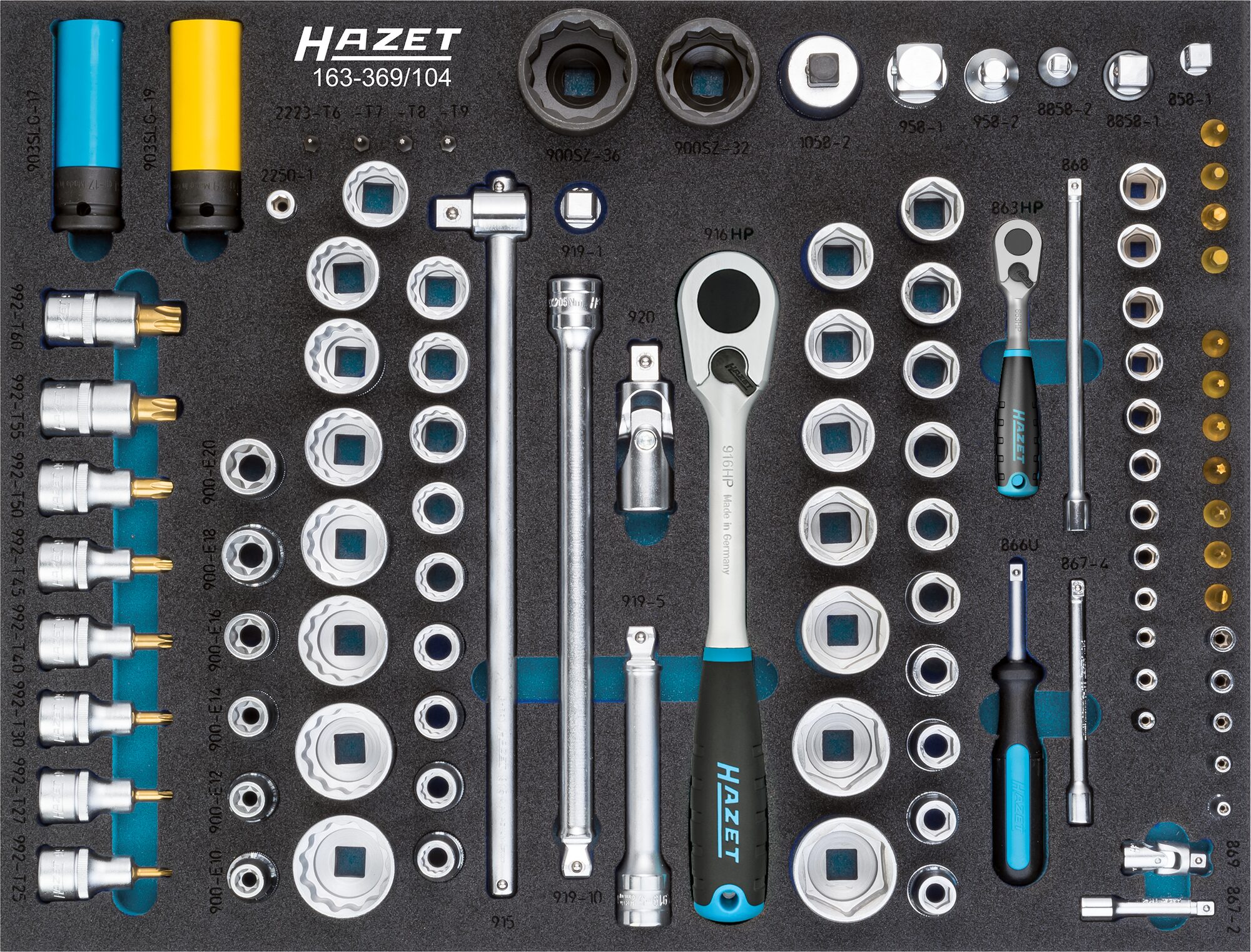 HAZET Steckschlüssel Satz 163-369/104 · Vierkant hohl 6,3 mm (1/4 Zoll), Vierkant hohl 12,5 mm (1/2 Zoll), Vierkant massiv 20 mm (3/4 Zoll) · Anzahl Werkzeuge: 104