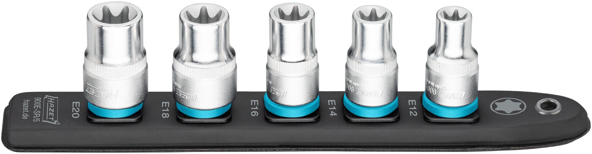 HAZET SmartRail · Flexible Kunststoff-Steckleiste 900E-SR/5 · Vierkant hohl 12,5 mm (1/2 Zoll) · Außen TORX® Profil · E12 · E14 · E16 · E18 · E20 · Anzahl Werkzeuge: 5