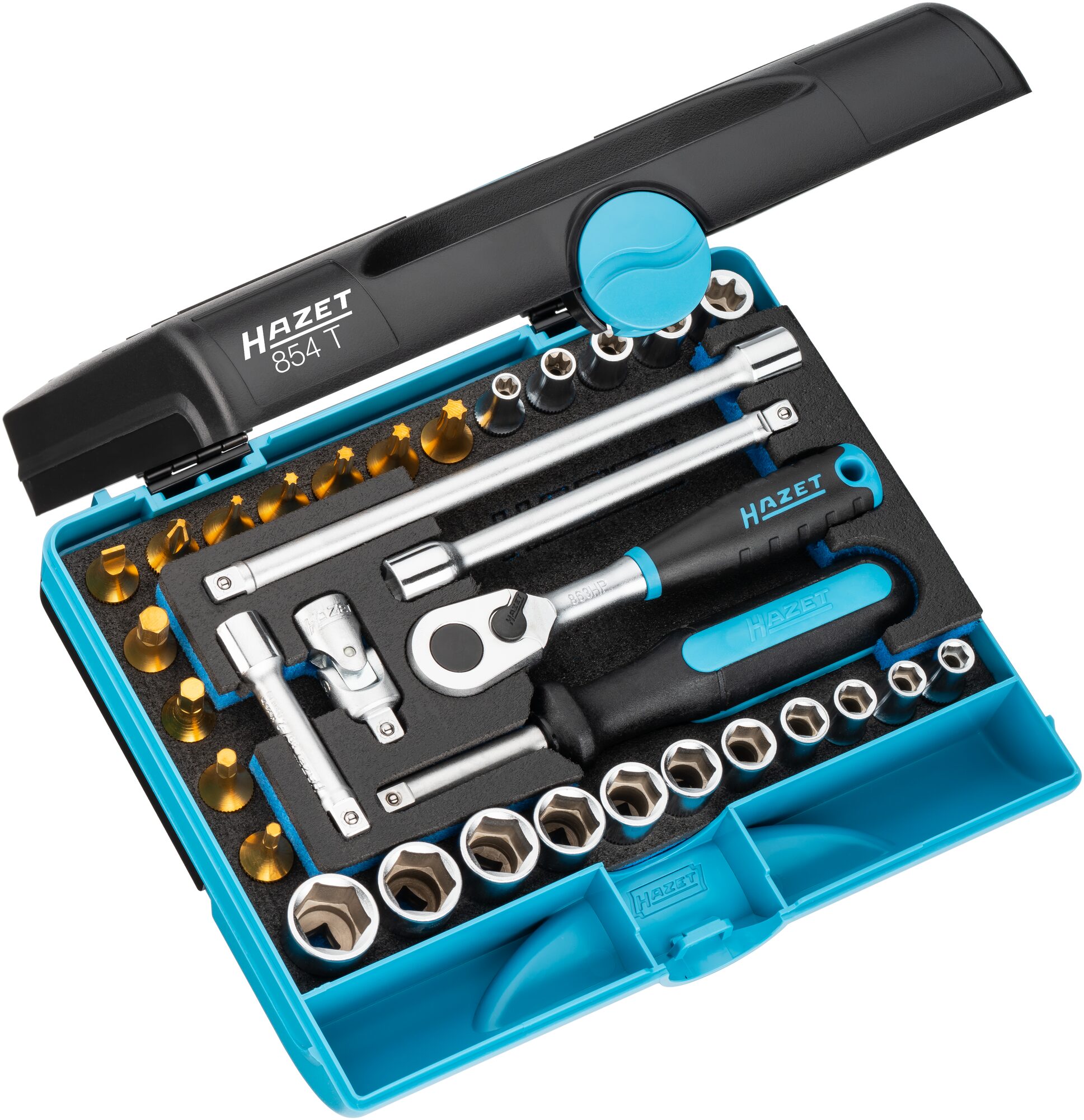 HAZET Steckschlüssel Satz 854T · 1/4 Zoll (6,3 mm) Vierkant hohl · Außen Sechskant-Tractionsprofil, Außen TORX® Profil, Innen TORX® Profil, Schlitz Profil, Kreuzschlitz Profil PH, Innen Sechskant Profil · 1x5,5 · 3–14 · E5–E10 · PH2 · T10–T30