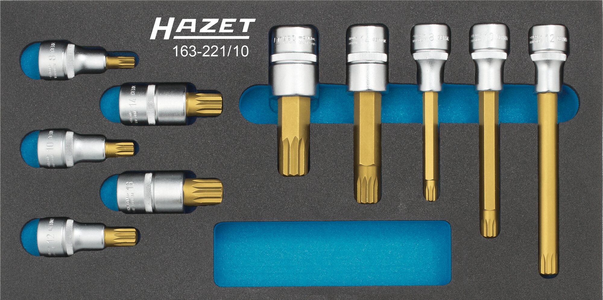 HAZET Schraubendreher-Steckschlüsseleinsatz Satz 163-221/10 · M8 · M10 · M12 · M14 · M16 · M18 · M8 · M14 · M10 · M12 · Anzahl Werkzeuge: 10