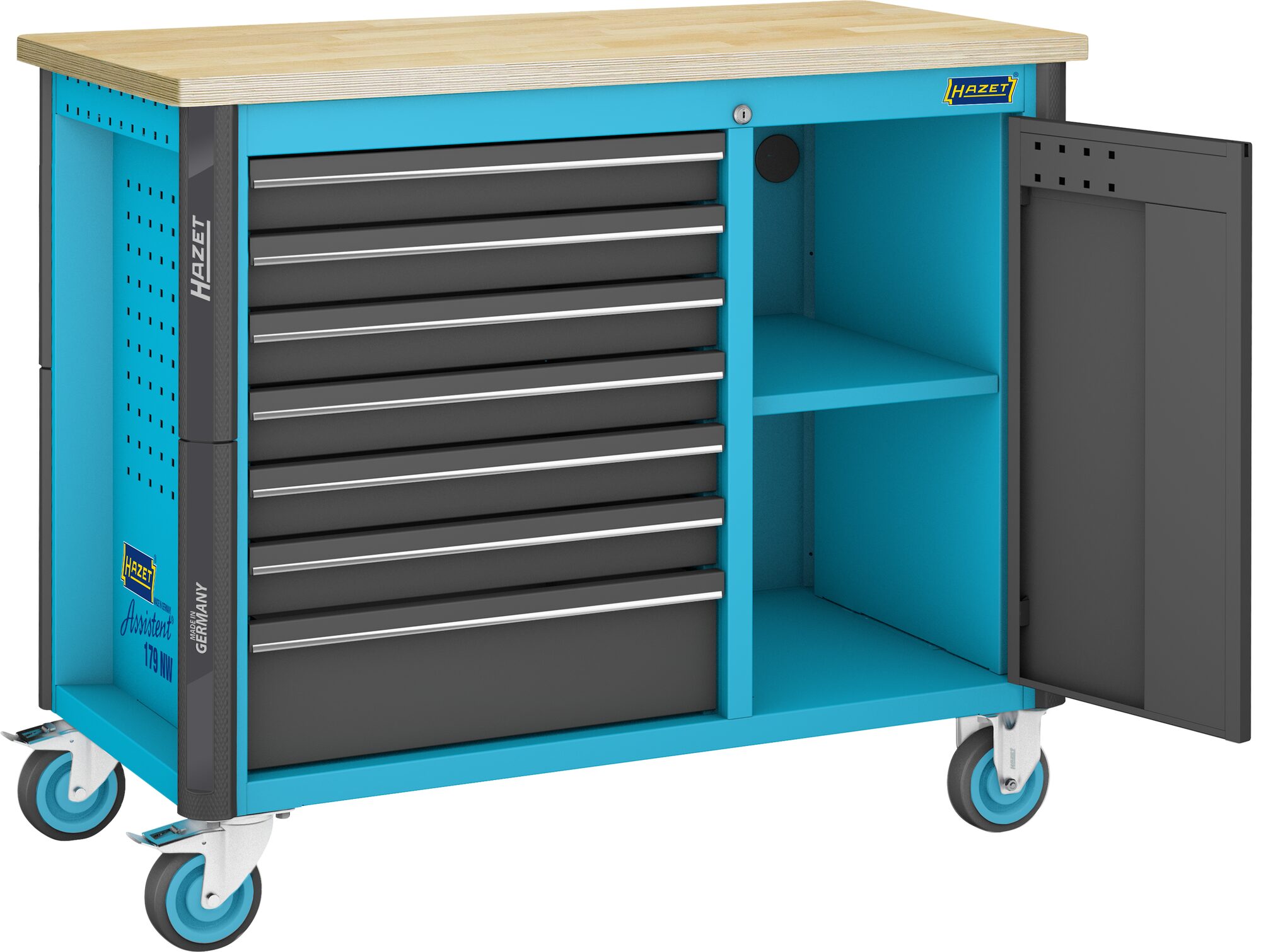 HAZET Fahrbare Werkbank 179NW-7/230 · Schubladen, flach: 6x81x522x398 mm · Schubladen, hoch: 1x166x522x398 mm · Anzahl Werkzeuge: 230