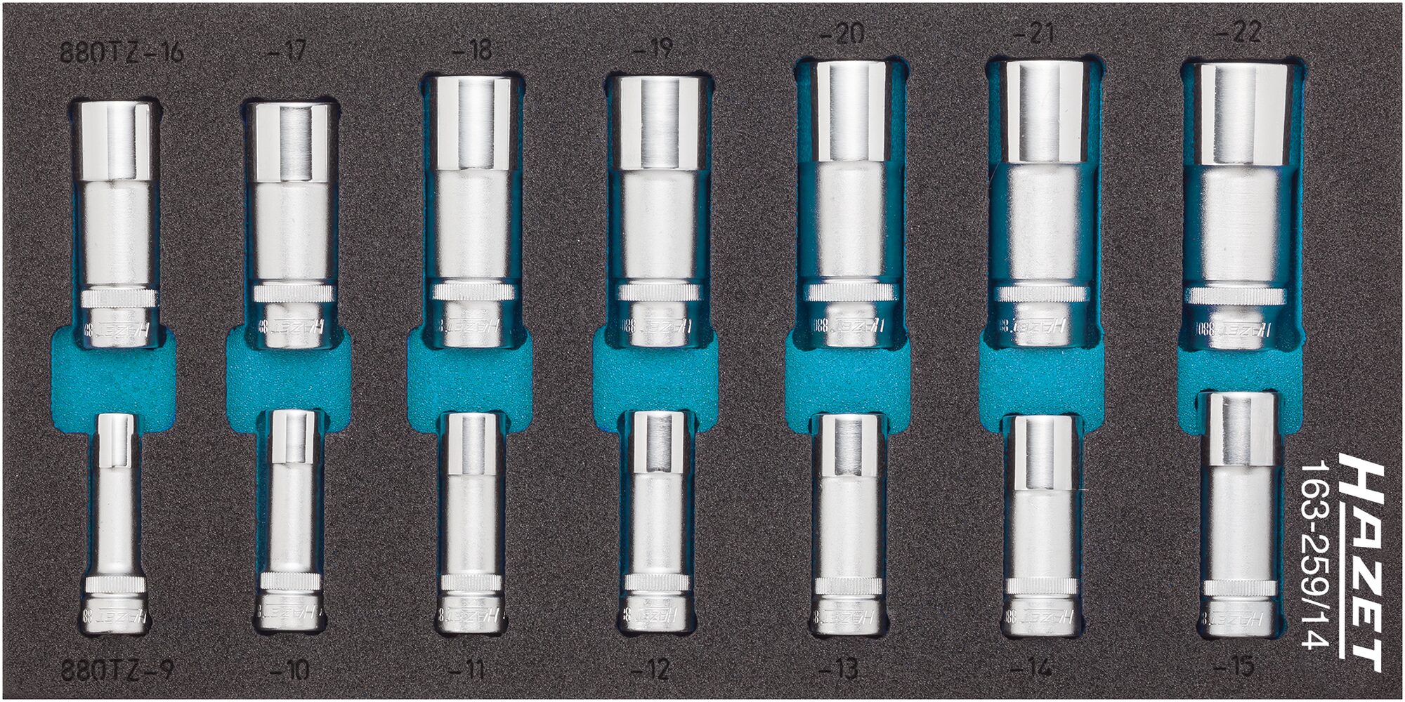 HAZET Steckschlüssel Satz 163-259/14 · Vierkant hohl 10 mm (3/8 Zoll) · Außen Doppel-Sechskant-Tractionsprofil · 9 · 10 · 11 · 12 · 13 · 14 · 15 · 16 · 17 · 18 · 19 · 20 · 21 · 22 · Anzahl Werkzeuge: 14