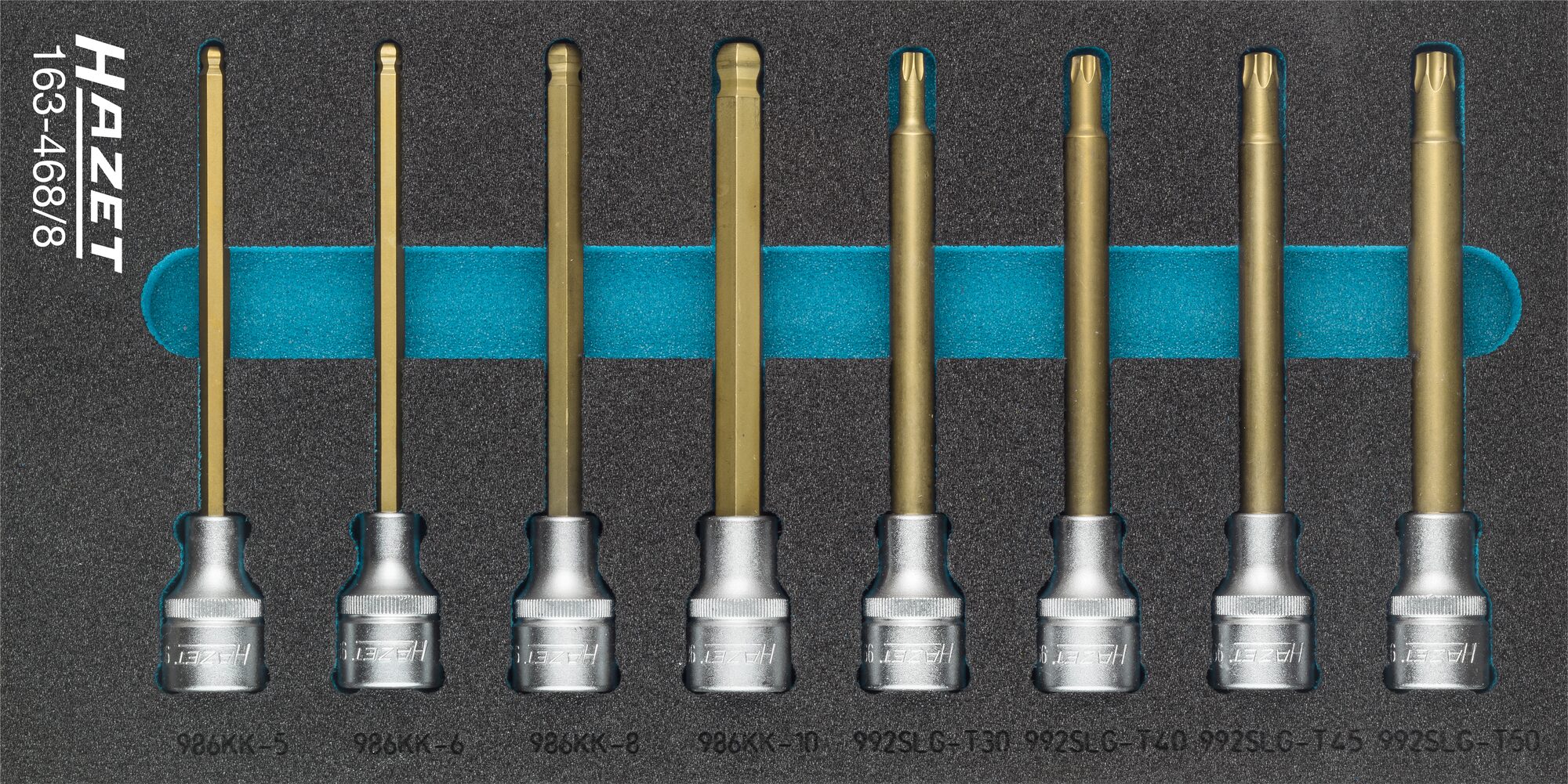 HAZET Schraubendreher-Steckschlüsseleinsatz Satz 163-468/8 · Vierkant hohl 12,5 mm (1/2 Zoll) · Innen Sechskant Profil, Innen TORX® Profil · 5 · 6 · 8 · 10 · T30 · T40 · T45 · T50 · Anzahl Werkzeuge: 8