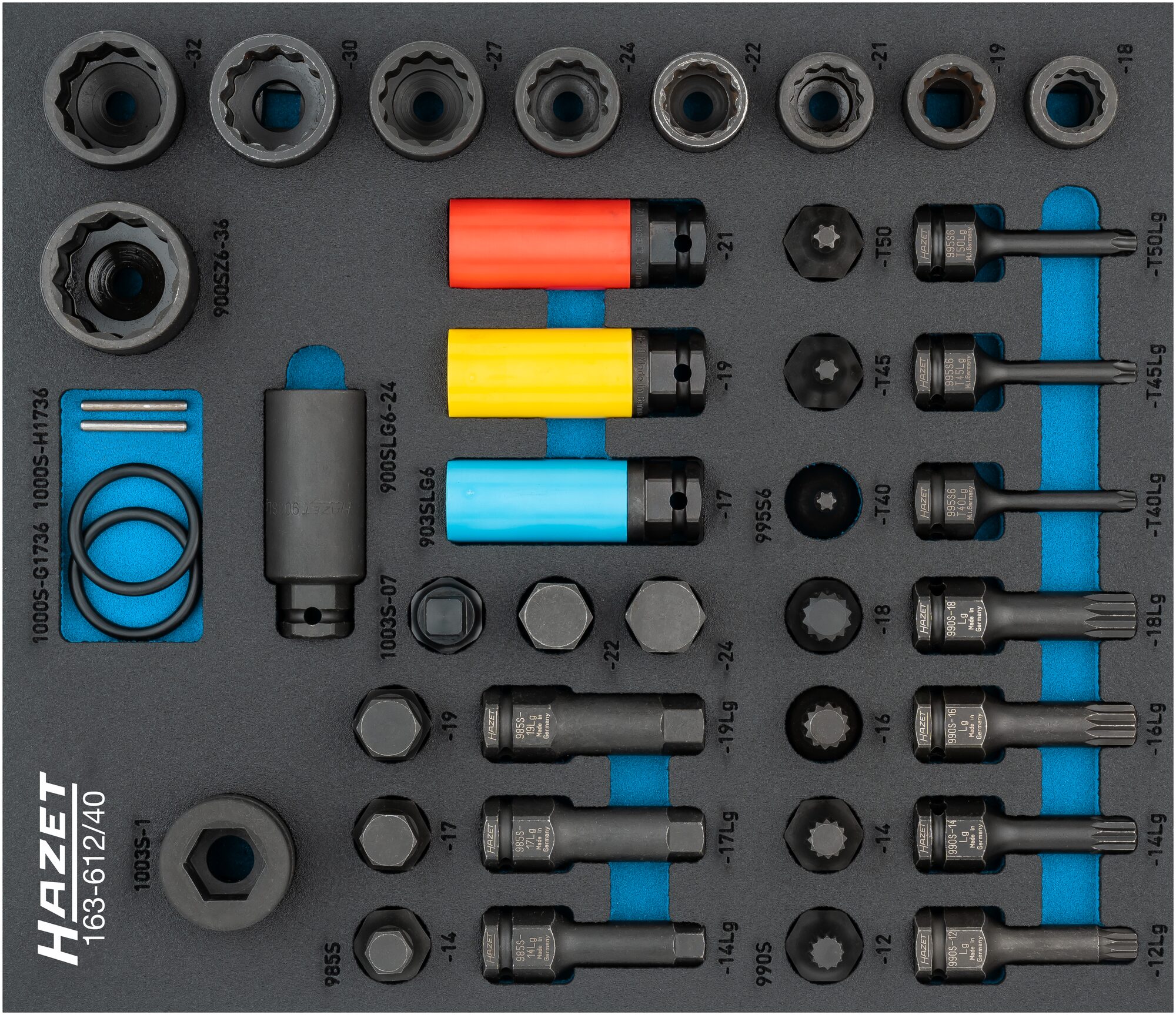 HAZET Schlag- · Maschinenschrauber Steckschlüssel Satz 163-612/40 · 3/4 Zoll (20 mm) Vierkant hohl, 1/2 Zoll (12,5 mm) Vierkant hohl, 24 mm Außen-Sechskant · Innen Vielzahn Profil XZN, Innen Sechskant Profil, Außen Sechskant-Tractionsprofil, Innen TORX® 