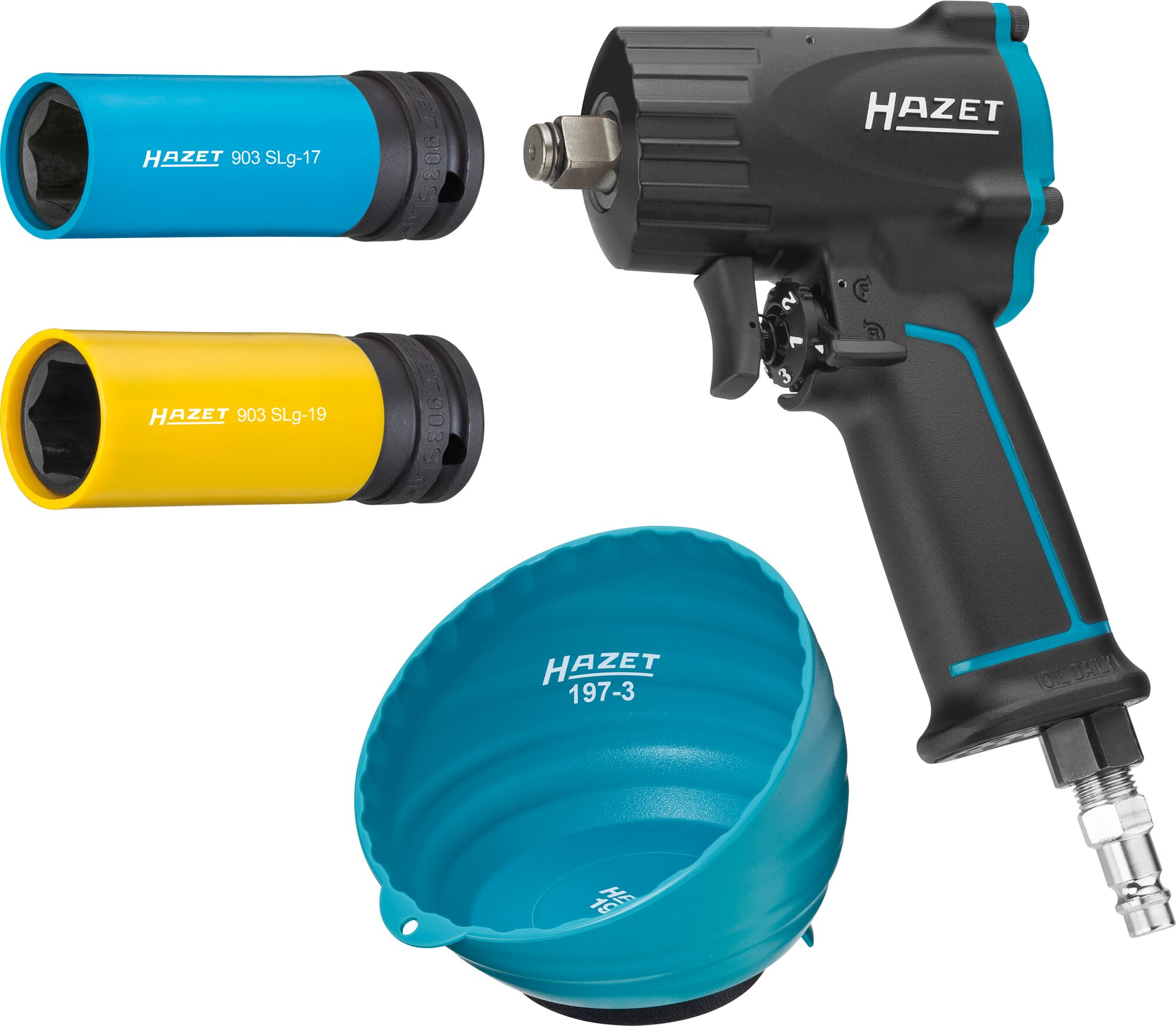 HAZET Schlagschrauber Satz 9012M/4 · Lösemoment maximal: 1100 Nm · Vierkant massiv 12,5 mm (1/2 Zoll) · 17 · 19 · Jumbo Hammer-Schlagwerk · Anzahl Werkzeuge: 4