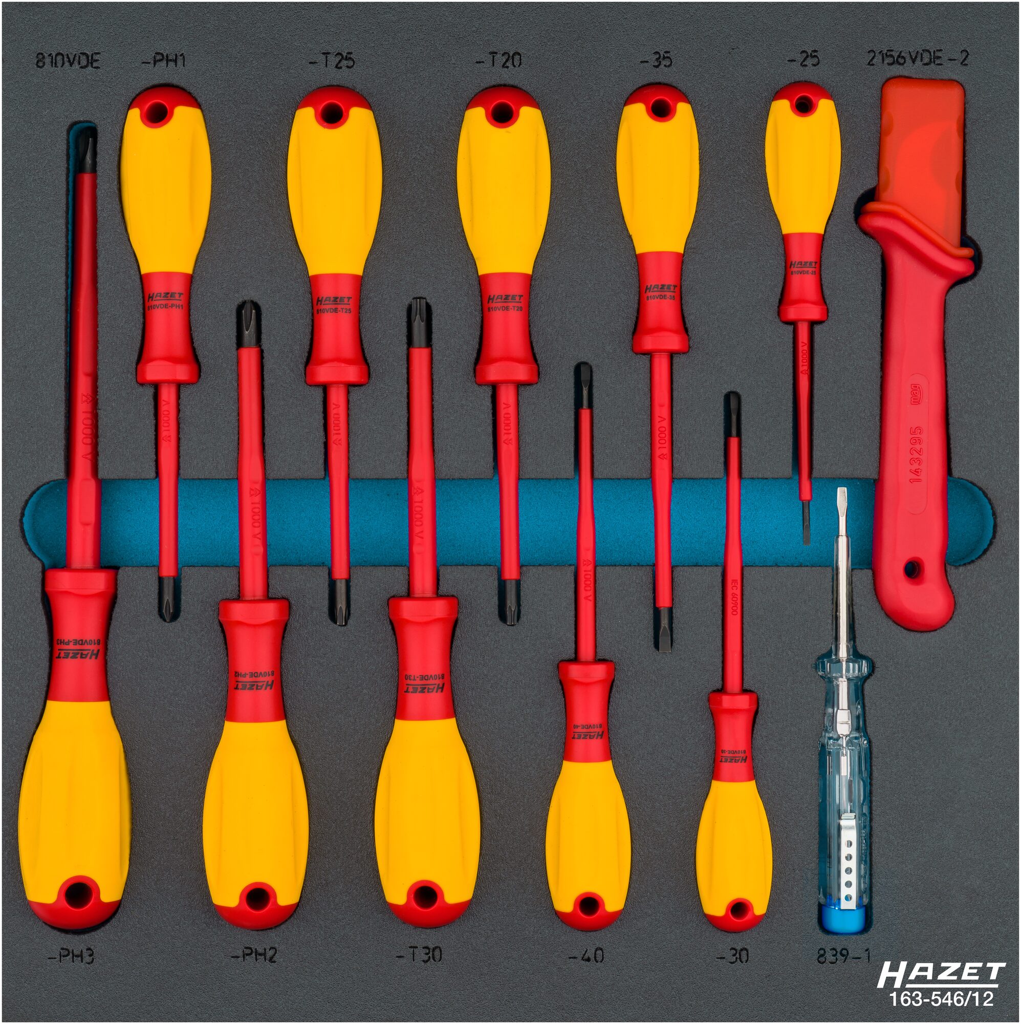 HAZET Schraubendreher Satz · schutzisoliert 163-546/12 · Kreuzschlitz Profil PH, Innen TORX® Profil, Schlitz Profil · 0,4?x?2,5?–?0,8?x?4 · PH1?–?PH2 · T20?–?T30 · Anzahl Werkzeuge: 12