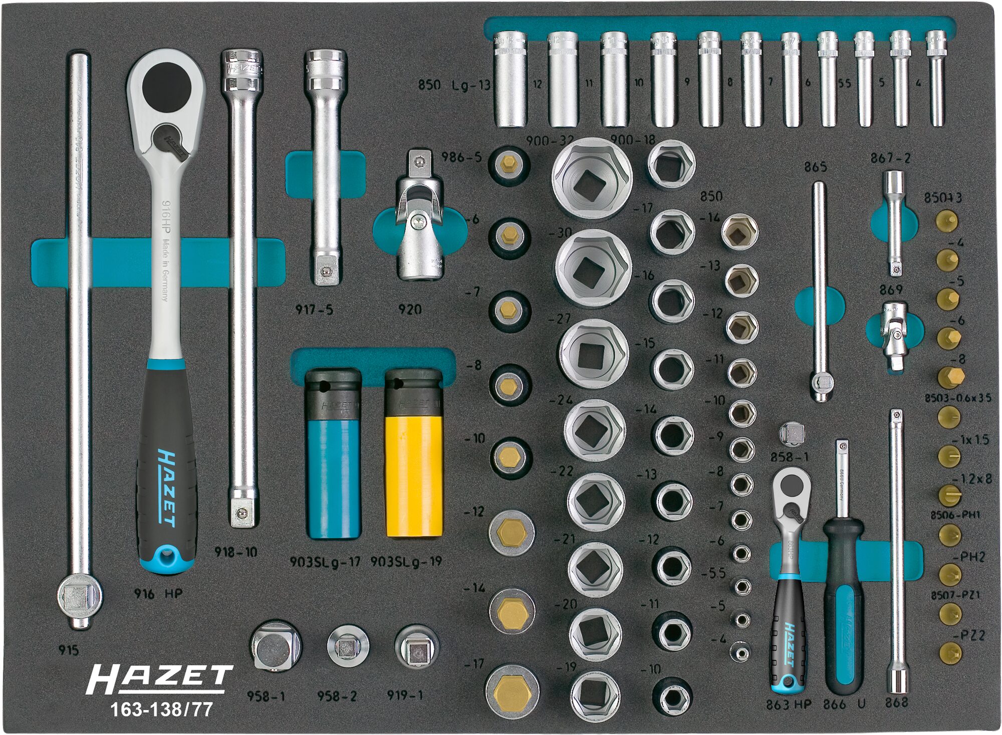 HAZET Steckschlüssel Satz 163-138/77 · Vierkant hohl 12,5 mm (1/2 Zoll)/6,3 mm (1/4 Zoll) · Außen-Sechskant-Tractionsprofil, Innen-Sechskant Profil, Innen TORX® Profil, Kreuzschlitz Profil PH, Pozidriv Profil PZ, Schlitz Profil · Anzahl Werkzeuge: 77