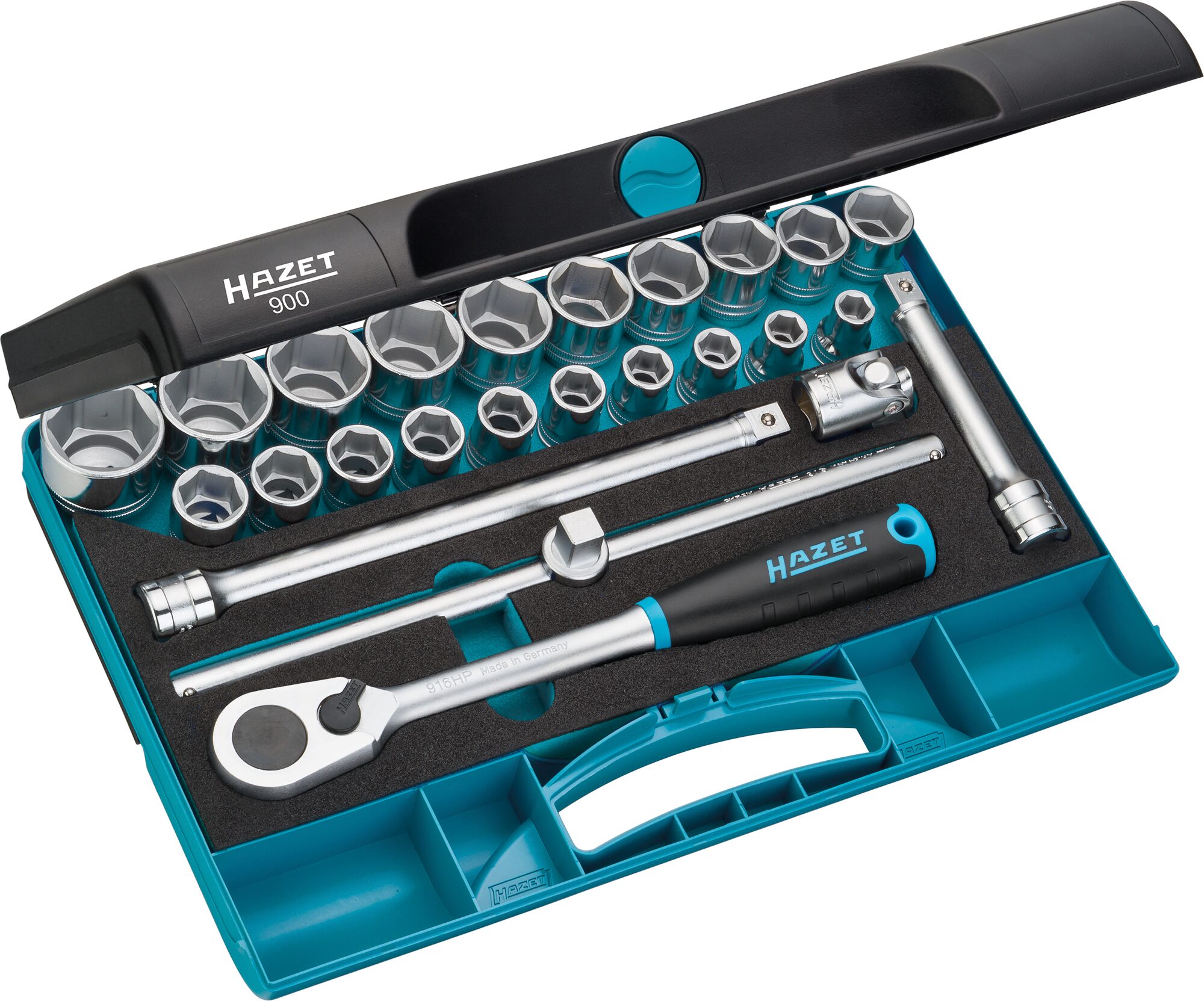 HAZET Steckschlüssel Satz 900 · 1/2 Zoll (12,5 mm) Vierkant hohl · Außen Sechskant-Tractionsprofil · 10–32