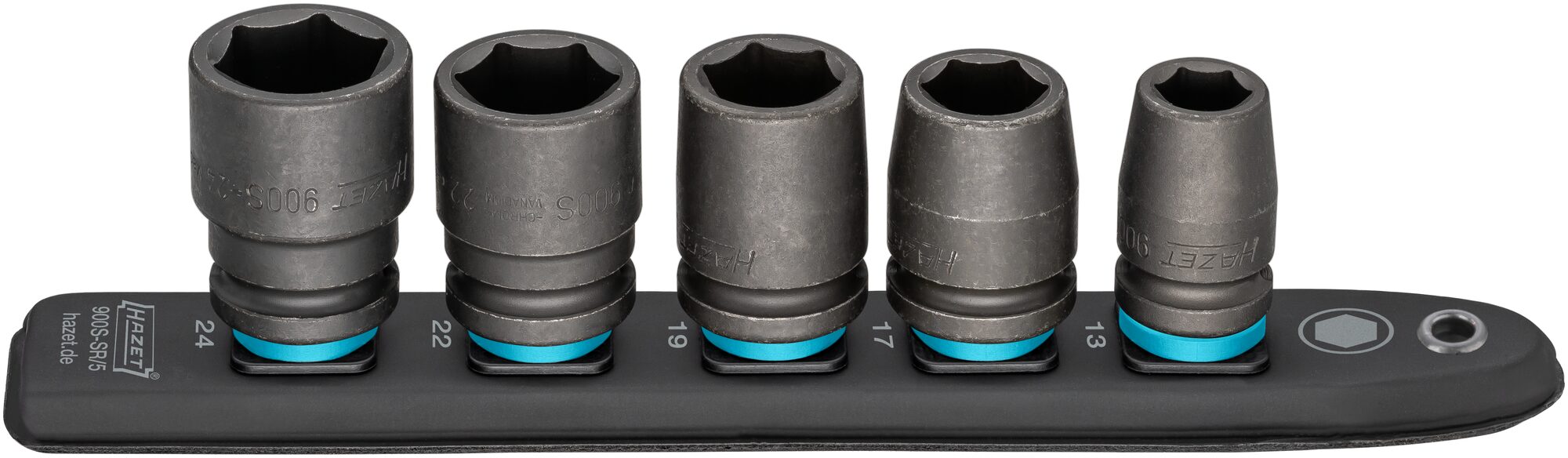 HAZET SmartRail · Flexible Kunststoff-Steckleiste 900S-SR/5 · Vierkant hohl 12,5 mm (1/2 Zoll) · Außen Sechskant-Tractionsprofil · 13 · 17 · 19 · 22 · 24 · Anzahl Werkzeuge: 5