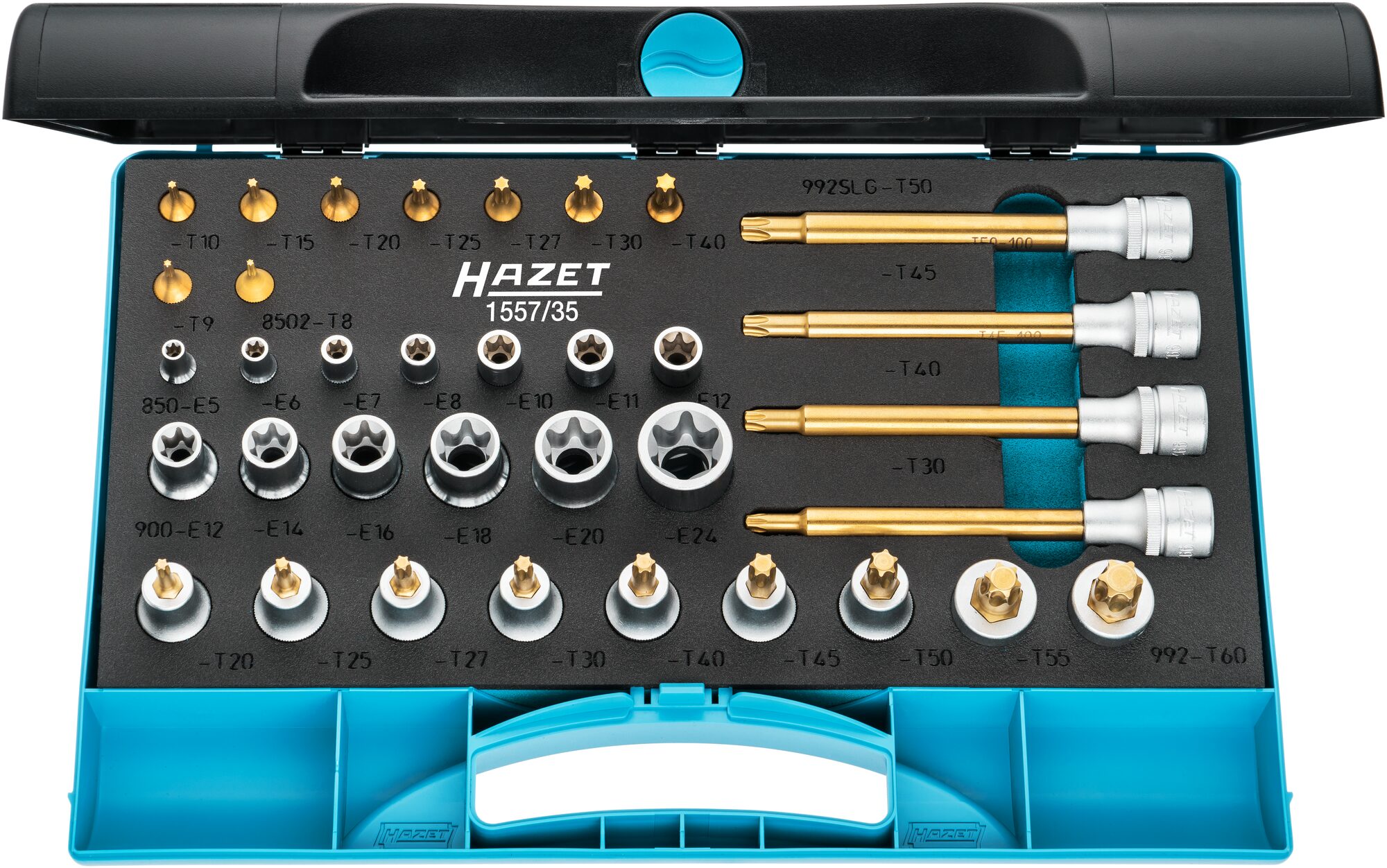 HAZET Werkzeug Satz 1557/35 · 1/4 Zoll (6,3 mm) Vierkant hohl, 1/2 Zoll (12,5 mm) Vierkant hohl · Außen TORX® Profil, Innen TORX® Profil · E6–E24 · T8–T50 HAZET Werkzeug Satz 1557/35 · 1/4 Zoll (6,3 mm) Vierkant hohl, 1/2 Zoll (12,5 mm) Vierkant hohl · Außen TORX® Profil, Innen TORX® Profil · E6–E24 · T8–T50