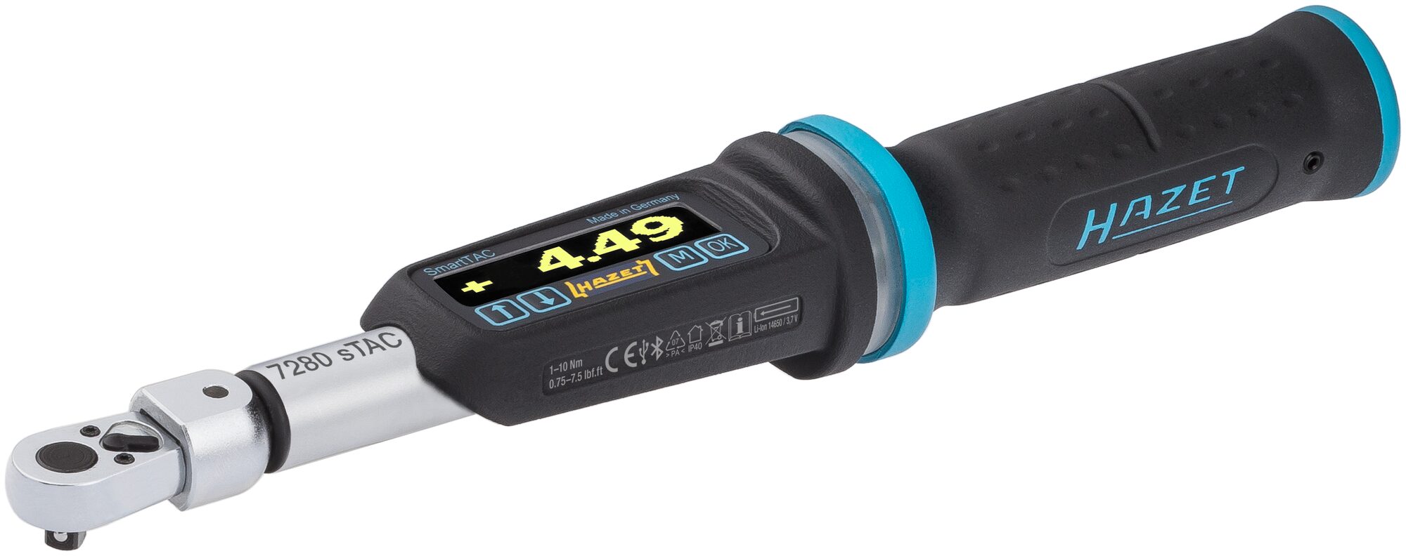 HAZET Elektronischer Drehmoment- / Drehwinkelschlüssel 7280-2STAC · Drehmomentbereich min-max: 1–10 Nm · lbf min-max: 0.75–7.5 lbf.ft  · Genauigkeit: 2% · 9 x 12 mm Einsteck-Vierkant, 1/4 Zoll (6,3 mm) Vierkant massiv · 260 mm