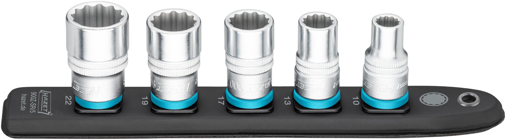 HAZET SmartRail · Flexible Kunststoff-Steckleiste 900Z-SR/5 · Vierkant hohl 12,5 mm (1/2 Zoll) · Außen Doppel-Sechskant-Tractionsprofil · 10 · 13 · 17 · 19 · 22 · Anzahl Werkzeuge: 5
