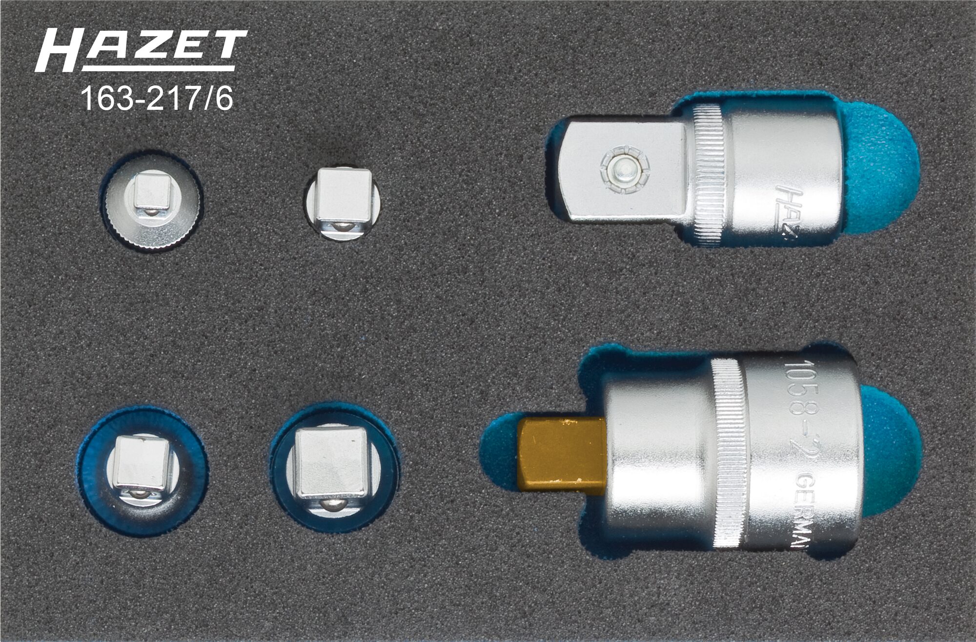 HAZET Adapter Satz 163-217/6 · Vierkant hohl 6,3 mm (1/4 Zoll)/10 mm (3/8 Zoll)/12,5 mm (1/2 Zoll)/20 mm (3/4 Zoll) · Vierkant massiv 6,3 mm (1/4 Zoll)/10 mm (3/8 Zoll)/12,5 mm (1/2 Zoll)/20 mm (3/4 Zoll) · Anzahl Werkzeuge: 6