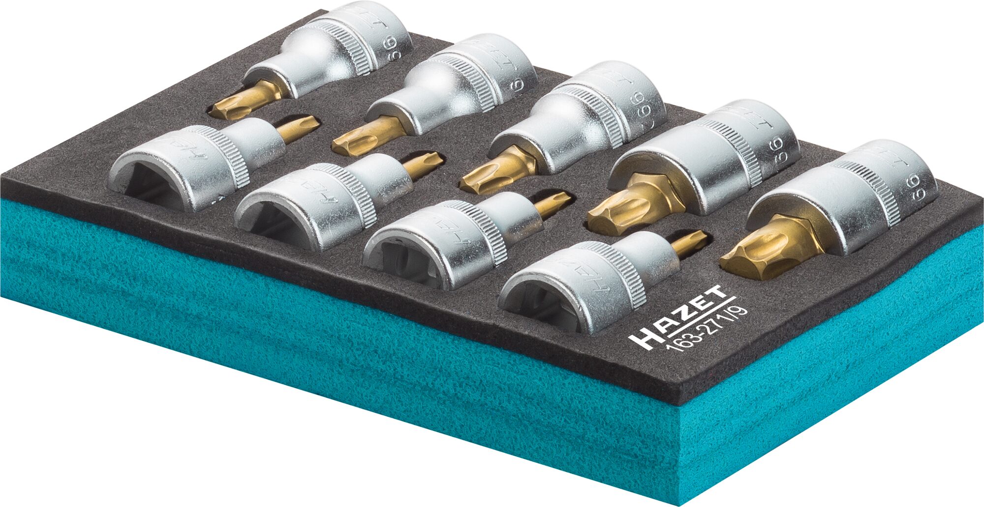 HAZET Schraubendreher-Steckschlüsseleinsatz Satz · TORX® 163-271/9 · Vierkant hohl 12,5 mm (1/2 Zoll) · Innen TORX® Profil · T20?–?T60 · Anzahl Werkzeuge: 9