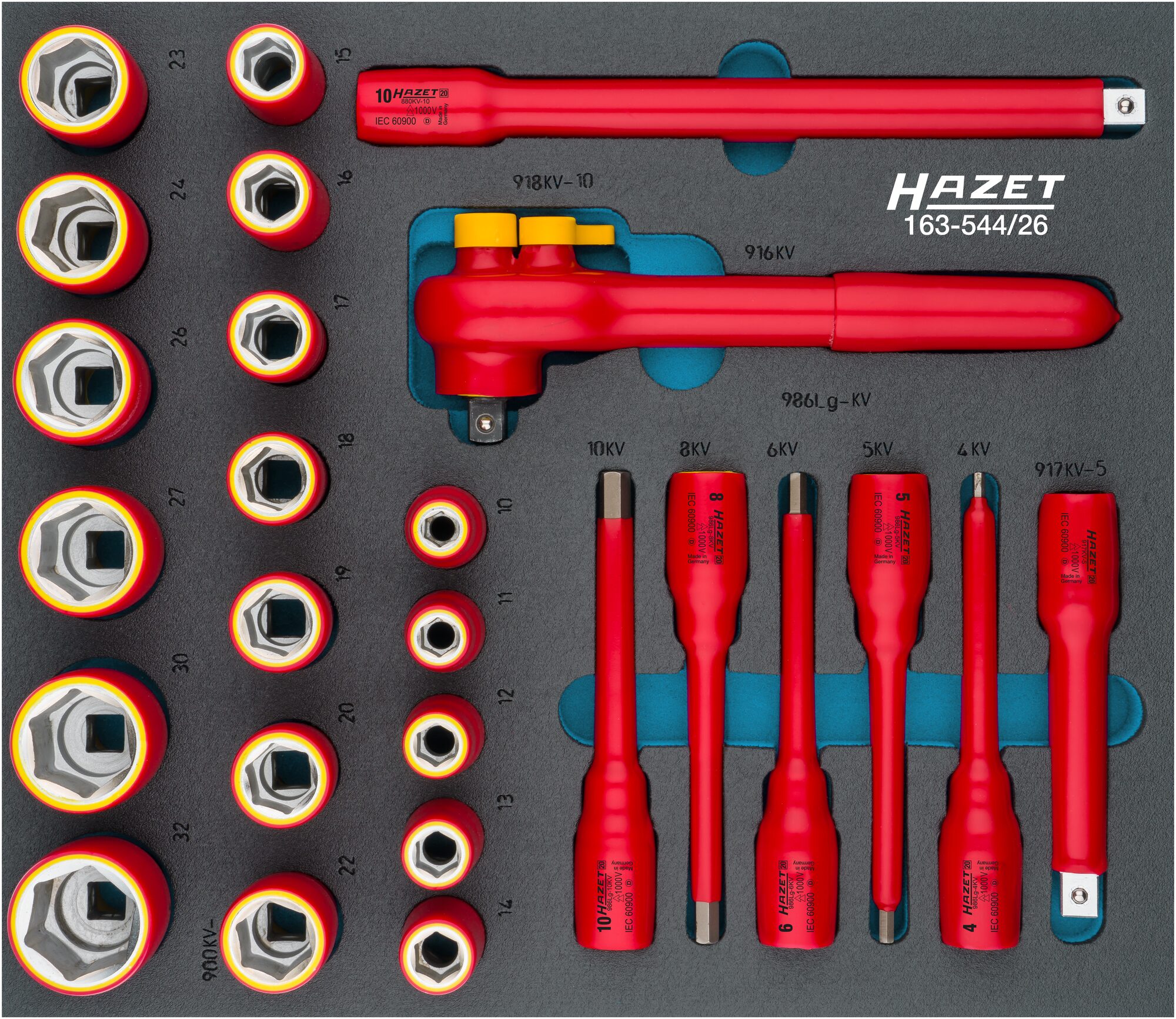 HAZET Steckschlüssel Satz · schutzisoliert 163-544/26 · Vierkant hohl 12,5 mm (1/2 Zoll) · Außen Sechskant-Tractionsprofil, Innen Sechskant Profil · 10?–?32 · Anzahl Werkzeuge: 26