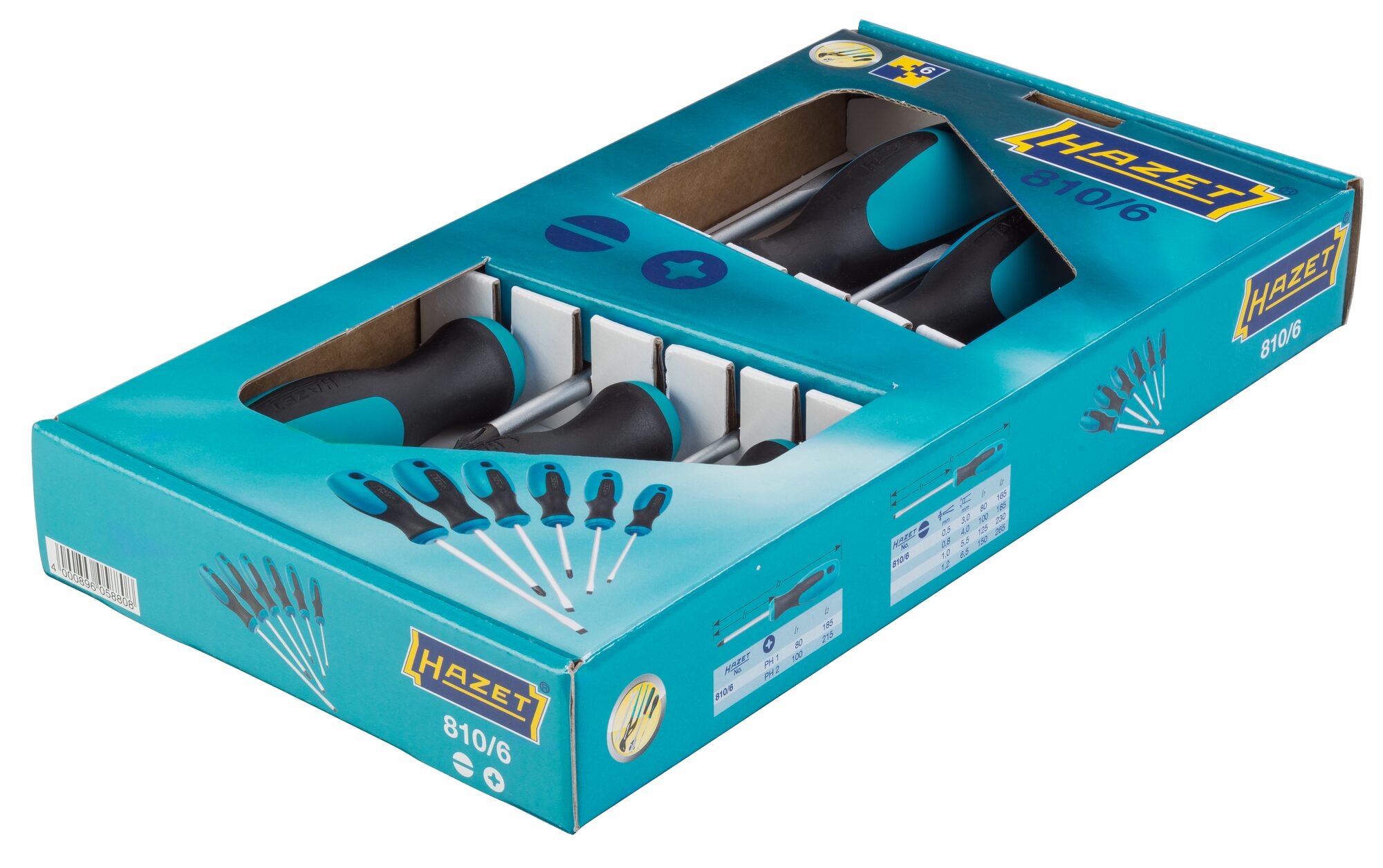 HAZET Schraubendreher Satz 810/6 · Kreuzschlitz Profil PH, Schlitz Profil · 0,5x3 · 0,8x4 · 1x5,5 · 1,2x6,5 · PH1 · PH2 HAZET Schraubendreher Satz 810/6 · Kreuzschlitz Profil PH, Schlitz Profil · 0,5x3 · 0,8x4 · 1x5,5 · 1,2x6,5 · PH1 · PH2