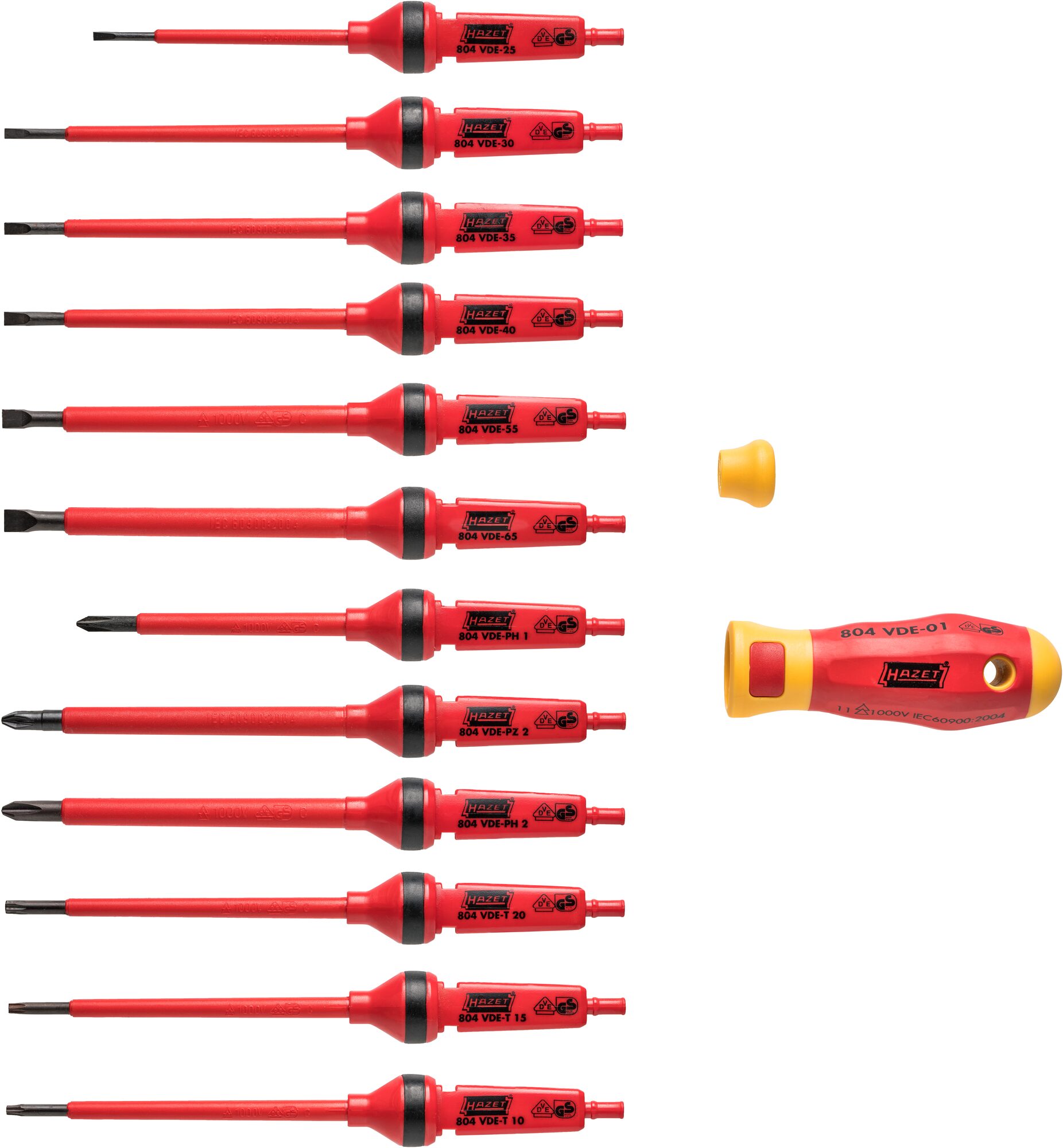 HAZET Schraubendreher Satz · schutzisoliert 804VDE/14 · Pozidriv Profil PZ, Kreuzschlitz Profil PH, Innen Sechskant Profil, Schlitz Profil · 2,5 x 0,4 – 6,5 x 1,2 · PH1 · PH2 · PZ2 · T10 · T15 · T20 · Anzahl Werkzeuge: 14