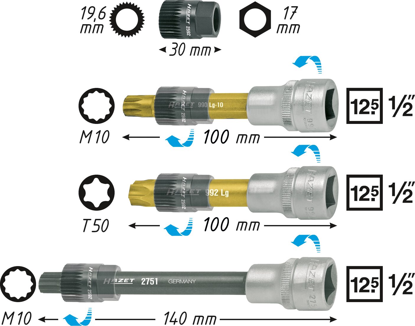 HAZET Keil(rippen)riemenscheibe-Werkzeug 4641/4 · Vierkant hohl 12,5 mm (1/2 Zoll) · Innen Vielzahn Profil XZN, Innen TORX® Profil · Anzahl Werkzeuge: 4