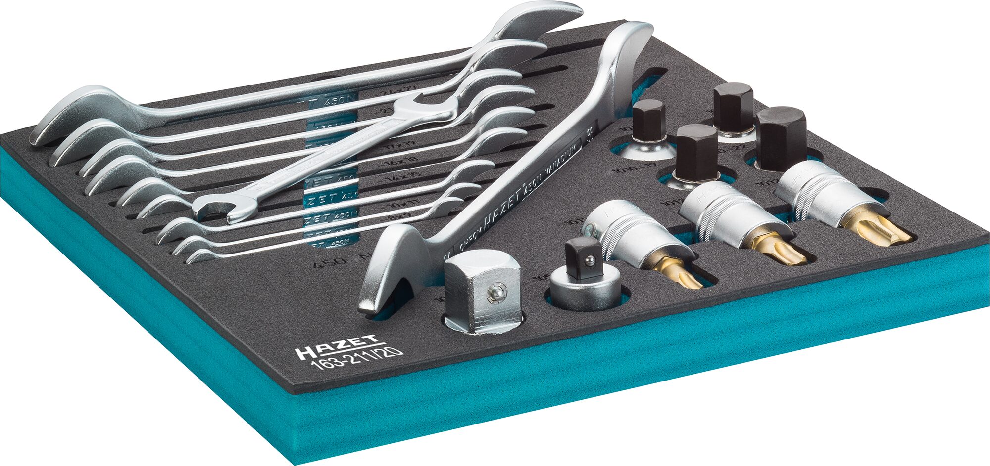 HAZET Schraubenschüssel- / Steckschlüssel Satz 163-211/20 · Vierkant hohl 20 mm (3/4 Zoll) · Außen Sechskant Profil, Innen Sechskant Profil, Innen TORX® Profil · 8?x?9?–?34?x?36 · T60?–?T100 · Anzahl Werkzeuge: 20