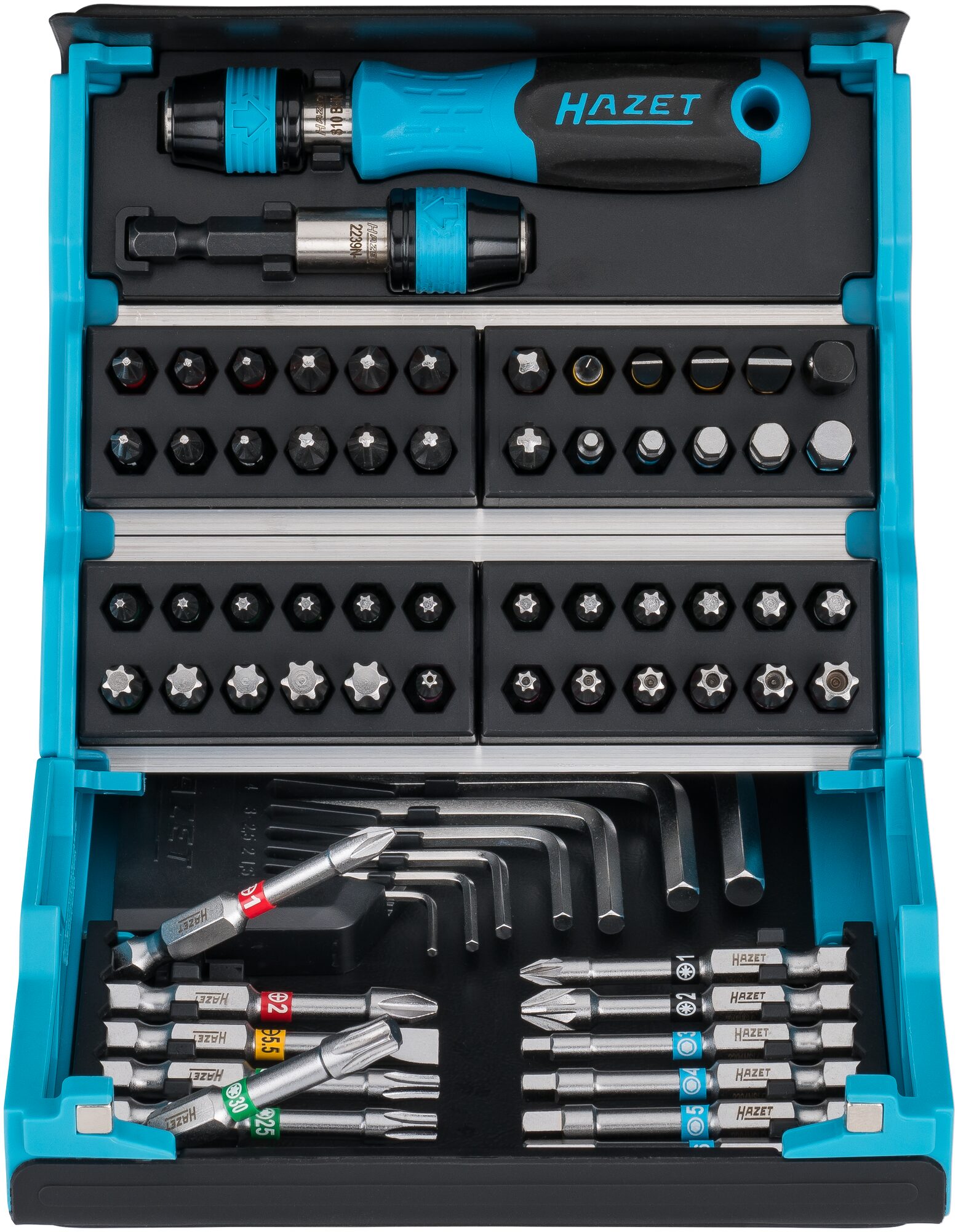 HAZET SmartCase Bit Satz 2200SC-1 · 1/4 Zoll (6,3 mm) Sechskant massiv · Schlitz Profil, Kreuzschlitz Profil PH, Pozidriv Profil PZ, Innen Sechskant Profil, Innen TORX® Profil, Tamper Resistant TORX® Profil · 1,5–6 · 0,5x4–1,2x6,5 · PH1–PH3 · PZ1–PZ3 · T