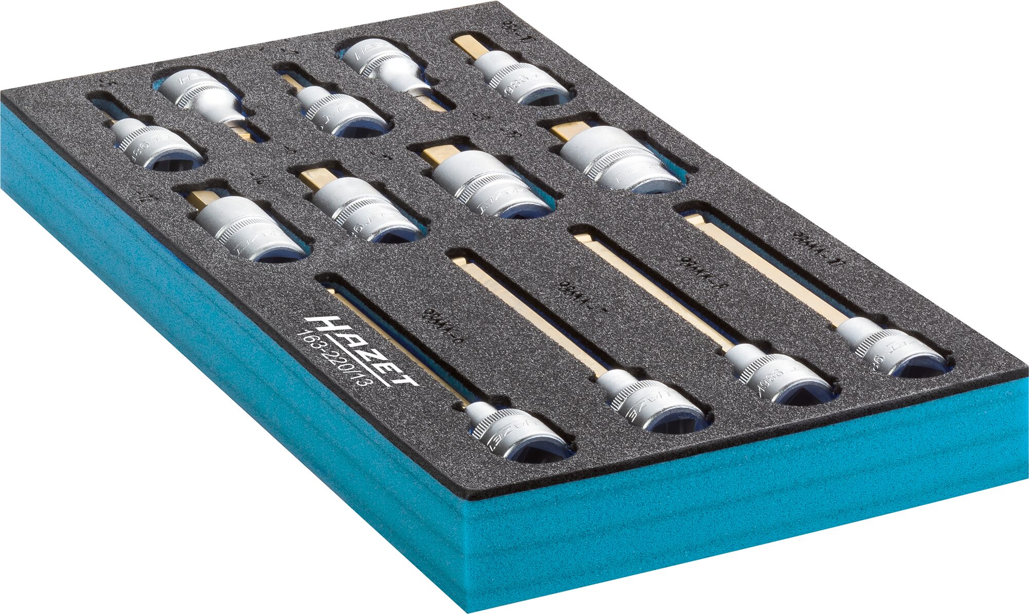 HAZET Schraubendreher-Steckschlüsseleinsatz Satz 163-220/13 · Vierkant hohl 12,5 mm (1/2 Zoll) · Innen Sechskant Profil · 5 · 6 · 7 · 8 · 10 · 12 · 14 · 17 · 19 · 6 · 7 · 8 · 10 · Anzahl Werkzeuge: 13 HAZET Schraubendreher-Steckschlüsseleinsatz Satz 163-220/13 · Vierkant hohl 12,5 mm (1/2 Zoll) · Innen Sechskant Profil · 5 · 6 · 7 · 8 · 10 · 12 · 14 · 17 · 19 · 6 · 7 · 8 · 10 · Anzahl Werkzeuge: 13