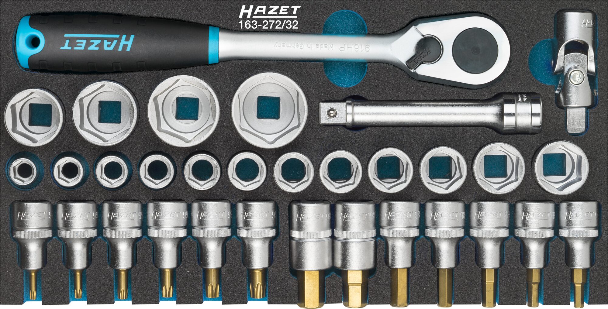 HAZET Steckschlüssel Satz 163-272/32 · Vierkant hohl 12,5 mm (1/2 Zoll) · Außen Doppel-Sechskant-Tractionsprofil, Innen TORX® Profil, Innen Sechskant Profil · 5?–?32 · T20?–?T50 · Anzahl Werkzeuge: 32