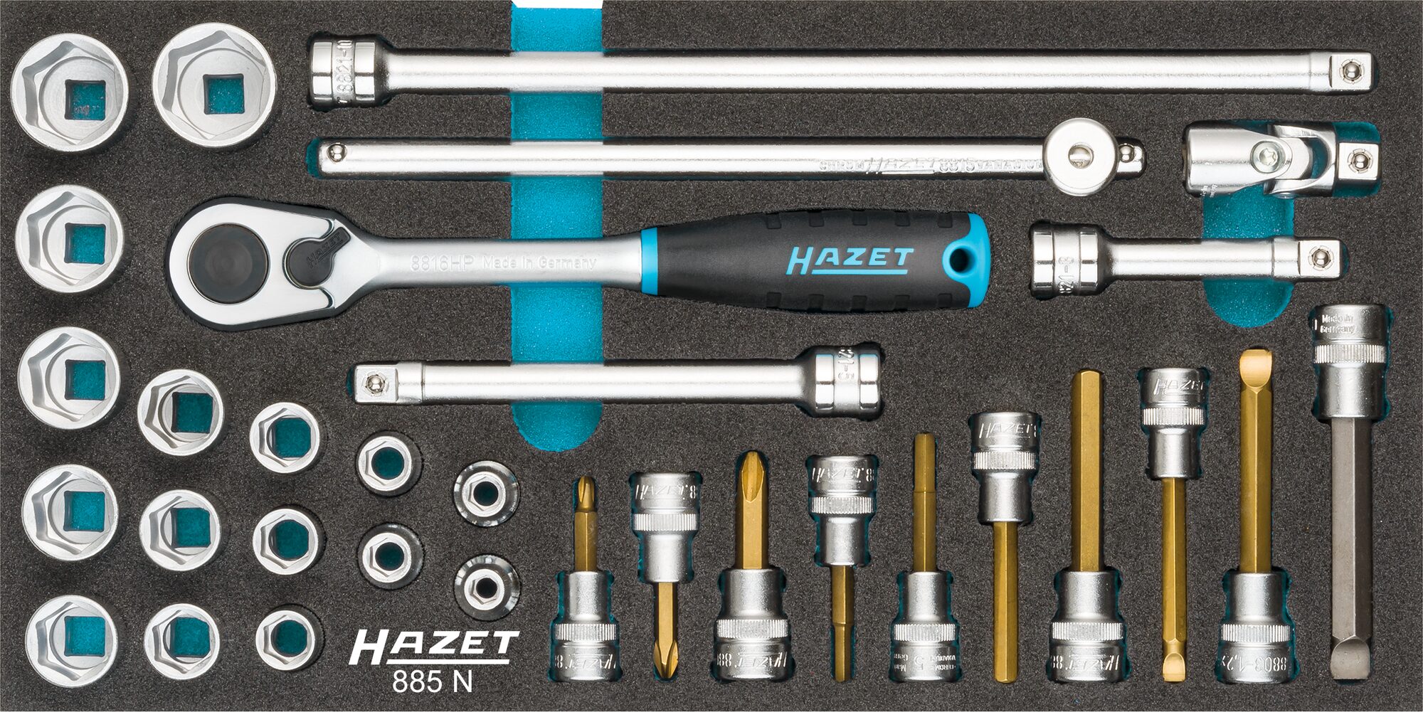 HAZET Steckschlüssel Satz 885N · Vierkant hohl 10 mm (3/8 Zoll) · Außen Sechskant-Tractionsprofil, Innen Sechskant Profil, Kreuzschlitz Profil PH, Schlitz Profil · 1?x?5,5?–?1,6?x?10 · 4?–?22 · PH1?–?PH3 · Anzahl Werkzeuge: 32