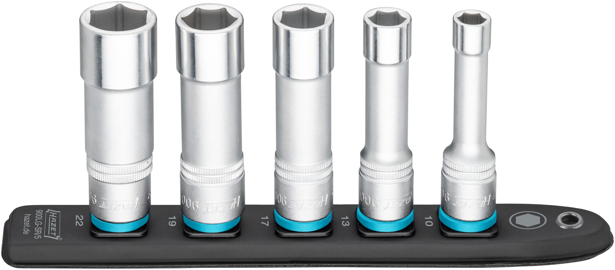 HAZET SmartRail · Flexible Kunststoff-Steckleiste 900LG-SR/5 · Vierkant hohl 12,5 mm (1/2 Zoll) · Außen Sechskant-Tractionsprofil · 10 · 13 · 17 · 19 · 22 · Anzahl Werkzeuge: 5