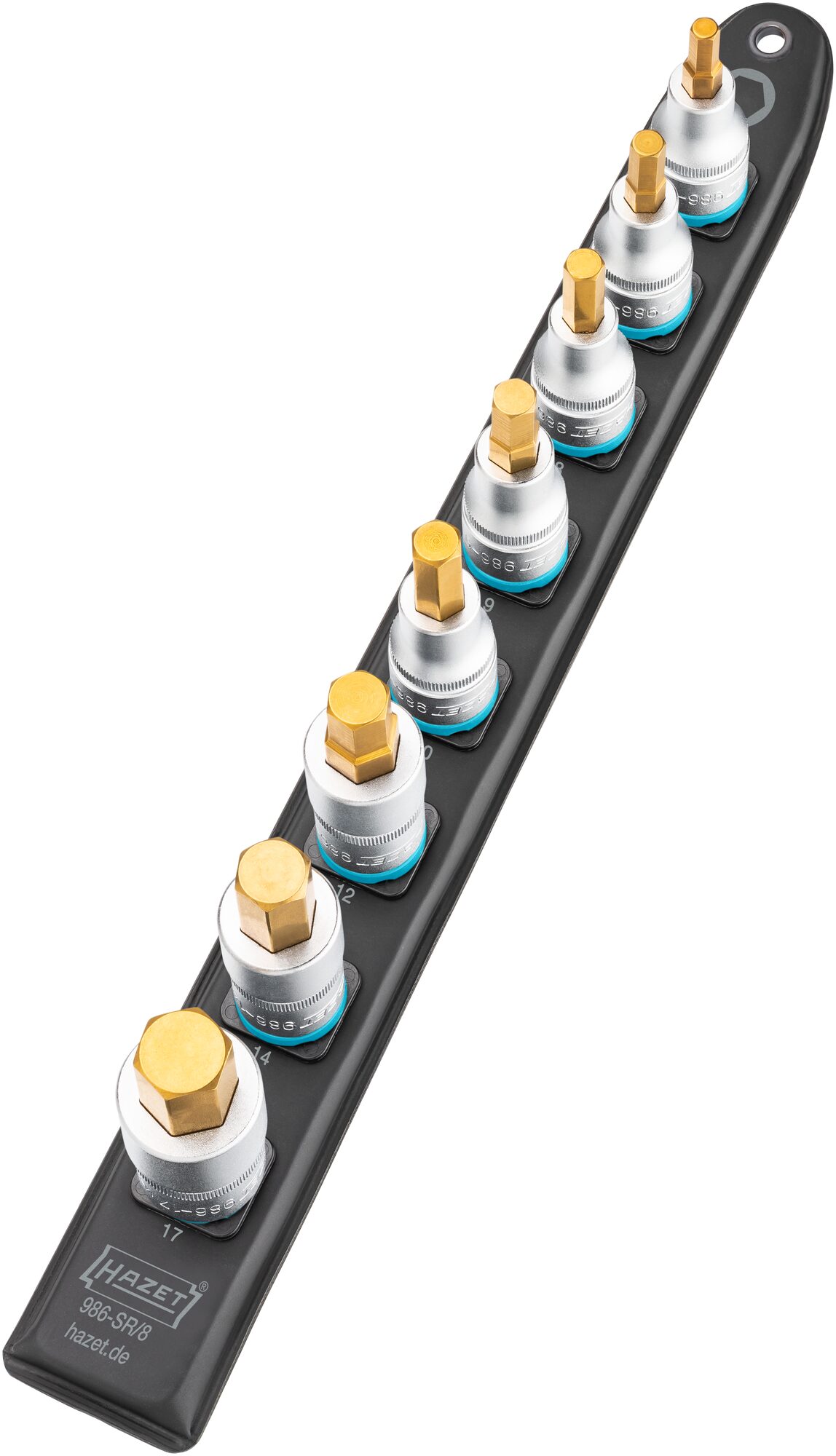 HAZET SmartRail · Flexible Kunststoff-Steckleiste 986-SR/8 · Vierkant hohl 12,5 mm (1/2 Zoll) · Innen Sechskant Profil · 6 · 7 · 8 · 9 · 10 · 12 · 14 · 17 · Anzahl Werkzeuge: 8