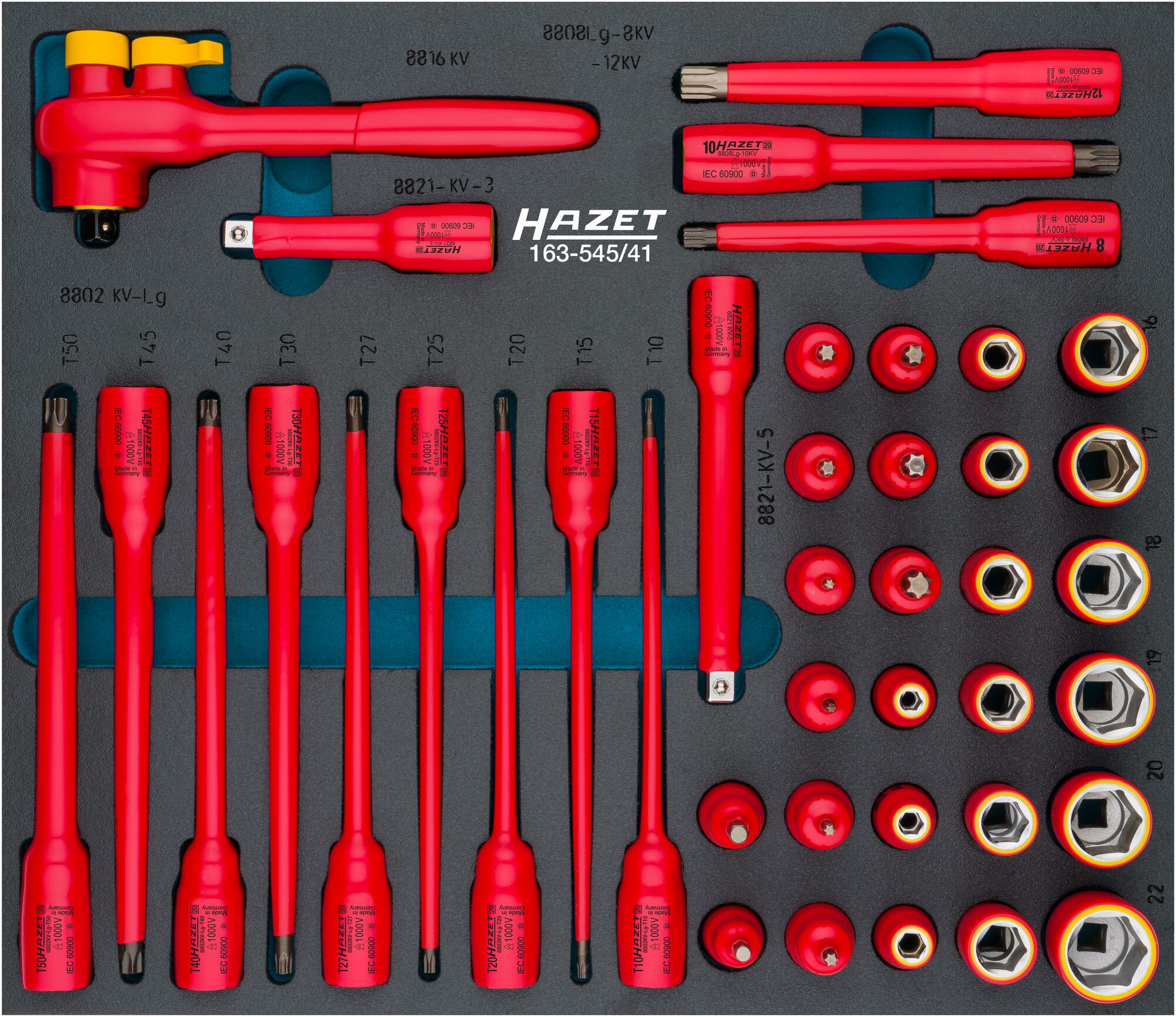 HAZET Steckschlüssel Satz · schutzisoliert 163-545/41 · Vierkant hohl 10 mm (3/8 Zoll) · Außen Sechskant-Tractionsprofil, Innen TORX® Profil, Innen Sechskant Profil, Innen Vielzahn Profil XZN · 5?–?22 · M8?–?M12 · T10?–?T50 · Anzahl Werkzeuge: 41