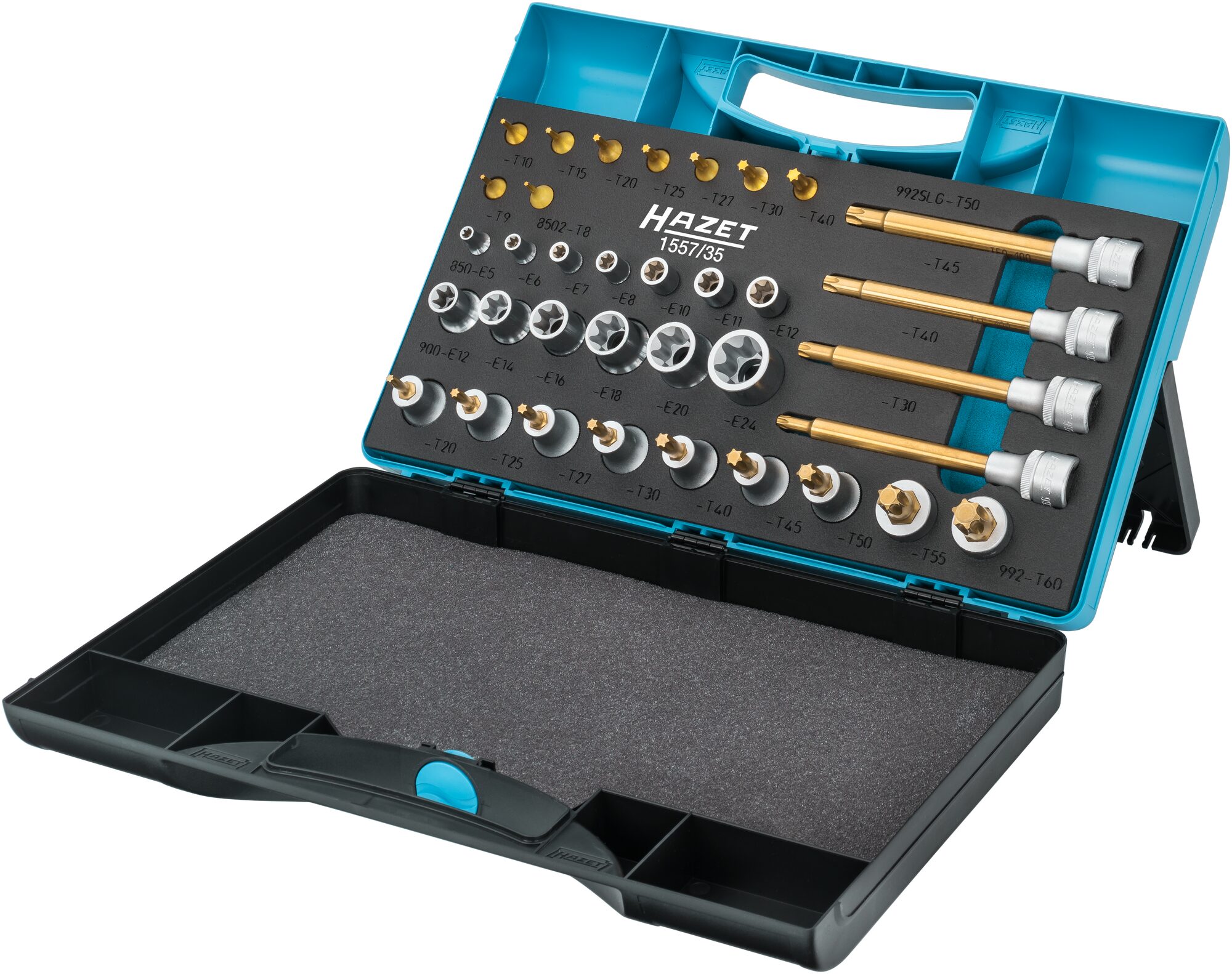 HAZET Werkzeug Satz 1557/35 · 1/4 Zoll (6,3 mm) Vierkant hohl, 1/2 Zoll (12,5 mm) Vierkant hohl · Außen TORX® Profil, Innen TORX® Profil · E6–E24 · T8–T50 HAZET Werkzeug Satz 1557/35 · 1/4 Zoll (6,3 mm) Vierkant hohl, 1/2 Zoll (12,5 mm) Vierkant hohl · Außen TORX® Profil, Innen TORX® Profil · E6–E24 · T8–T50