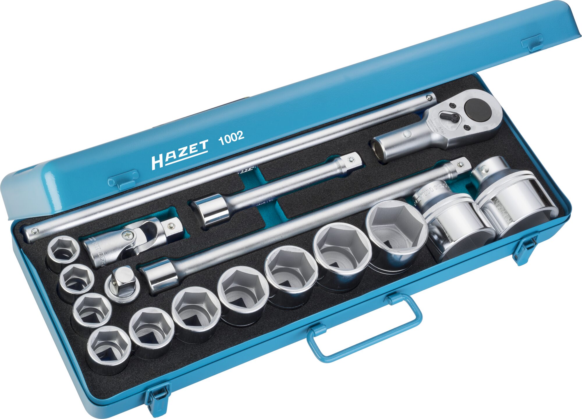 HAZET Steckschlüssel Satz 1002 · Vierkant hohl 20 mm (3/4 Zoll) · Außen Doppel-Sechskant Profil · 22 · 24 · 27 · 30 · 32 · 36 · 38 · 41 · 46 · 50 · 55 · 60 · Anzahl Werkzeuge: 18