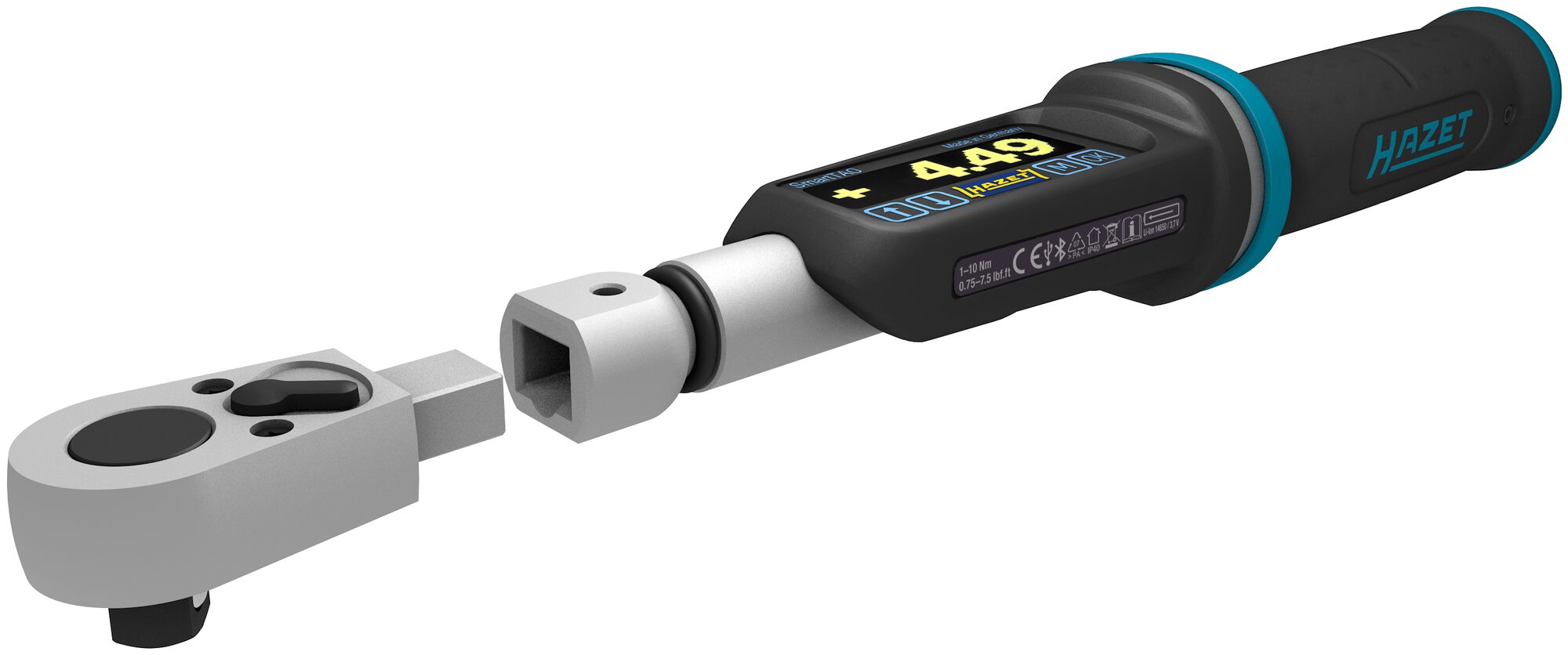 HAZET Elektronischer Drehmoment- / Drehwinkelschlüssel 7280-2STAC · Drehmomentbereich min-max: 1–10 Nm · lbf min-max: 0.75–7.5 lbf.ft  · Genauigkeit: 2% · 9 x 12 mm Einsteck-Vierkant, 1/4 Zoll (6,3 mm) Vierkant massiv · 260 mm