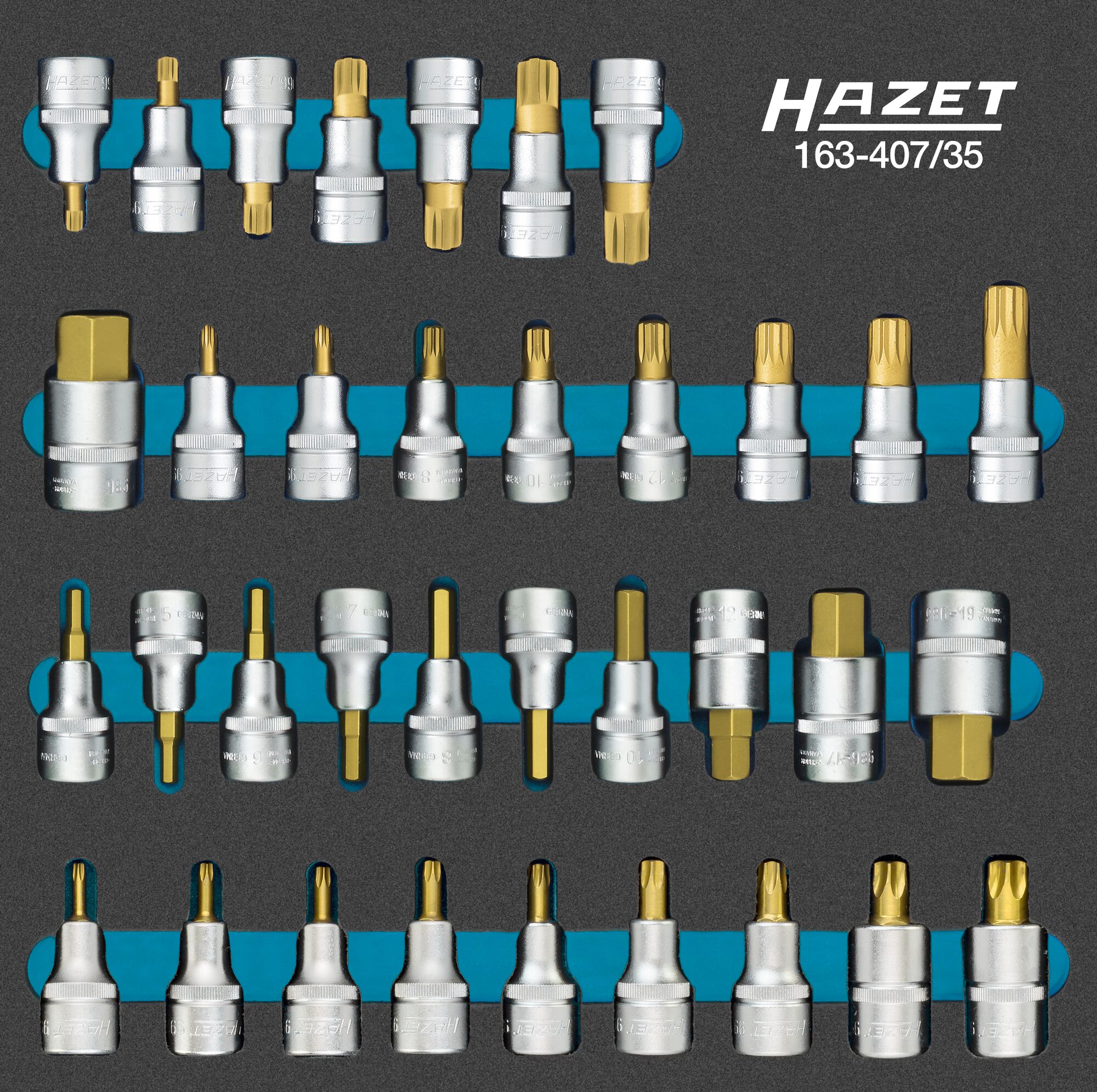 HAZET Schraubendreher-Steckschlüsseleinsatz Satz 163-407/35 · Vierkant hohl 12,5 mm (1/2 Zoll) · Innen Sechskant Profil, Innen Vielzahn Profil XZN, Innen Keilprofil Ribe-CV, Innen TORX® Profil · 4?–?22 · M5?–?M18 · T20?–?T60 · Anzahl Werkzeuge: 35
