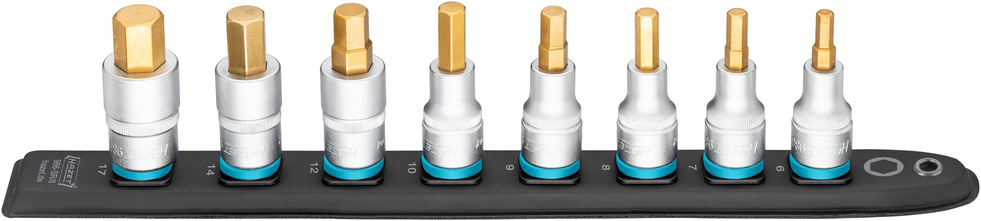 HAZET SmartRail · Flexible Kunststoff-Steckleiste 986-SR/8 · Vierkant hohl 12,5 mm (1/2 Zoll) · Innen Sechskant Profil · 6 · 7 · 8 · 9 · 10 · 12 · 14 · 17 · Anzahl Werkzeuge: 8
