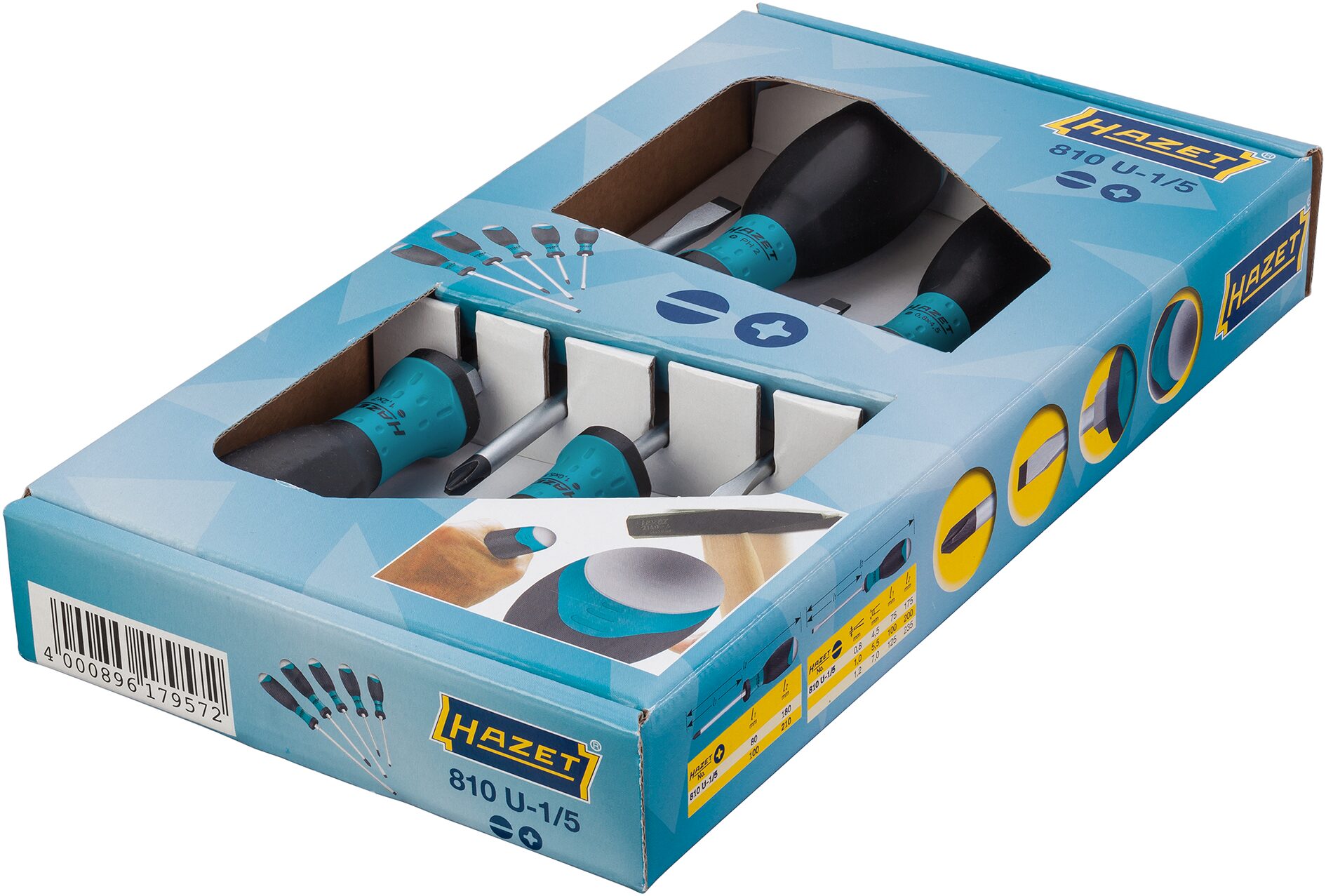 HAZET Schraubendreher Satz · mit Schlagkappe 810U-1/5 · Kreuzschlitz Profil PH, Schlitz Profil · 0,8x4,5 · 1x5,5 · 1,2x7 · PH1 · PH2