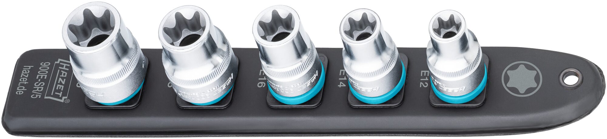 HAZET SmartRail · Flexible Kunststoff-Steckleiste 900E-SR/5 · Vierkant hohl 12,5 mm (1/2 Zoll) · Außen TORX® Profil · E12 · E14 · E16 · E18 · E20 · Anzahl Werkzeuge: 5