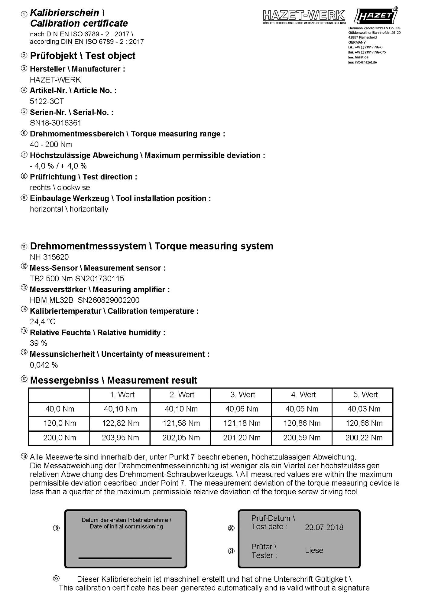 HAZET Drehmoment-Schlüssel 5145-3CT · Nm min-max: 300–800 Nm · Toleranz: 3% · Vierkant massiv 20 mm (3/4 Zoll)