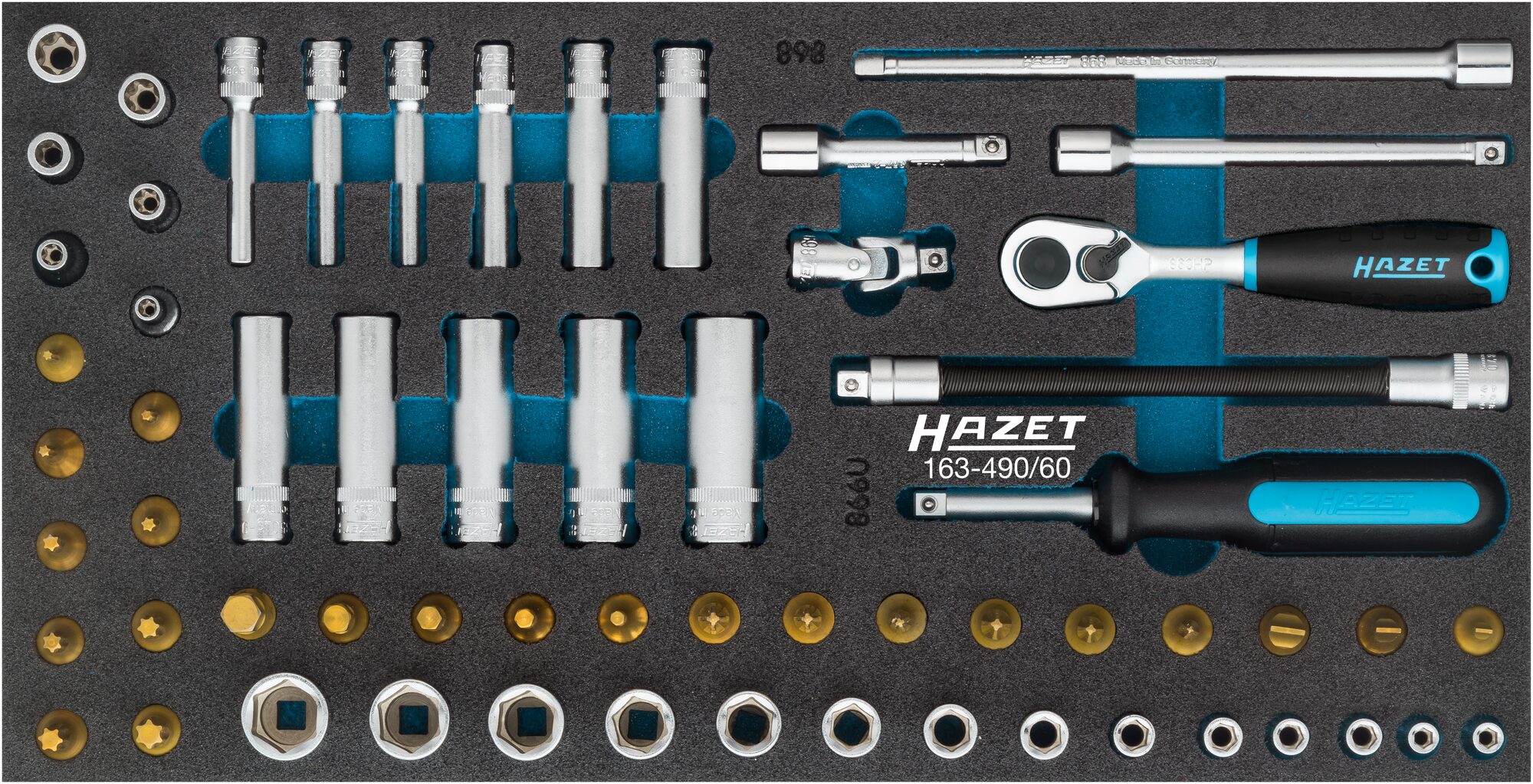 HAZET Steckschlüssel Satz 163-490/60 · Vierkant hohl 6,3 mm (1/4 Zoll) · Außen TORX® Profil, Außen Sechskant-Tractionsprofil, Innen TORX® Profil, Innen Sechskant Profil, Kreuzschlitz Profil PH, Pozidriv Profil PZ, Schlitz Profil · 0,8?x?4 · 1,2?x?8 · 3?–
