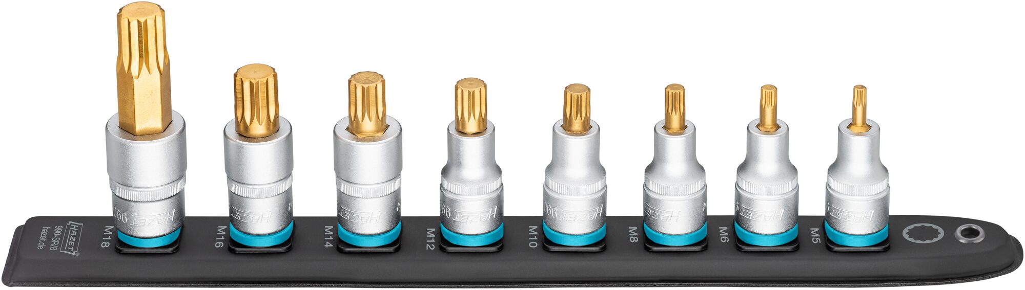 HAZET SmartRail · Flexible Kunststoff-Steckleiste 990-SR/8 · Vierkant hohl 12,5 mm (1/2 Zoll) · Innen Vielzahn Profil XZN · M5 · M6 · M8 · M10 · M12 · M14 · M16 · M18 · Anzahl Werkzeuge: 8