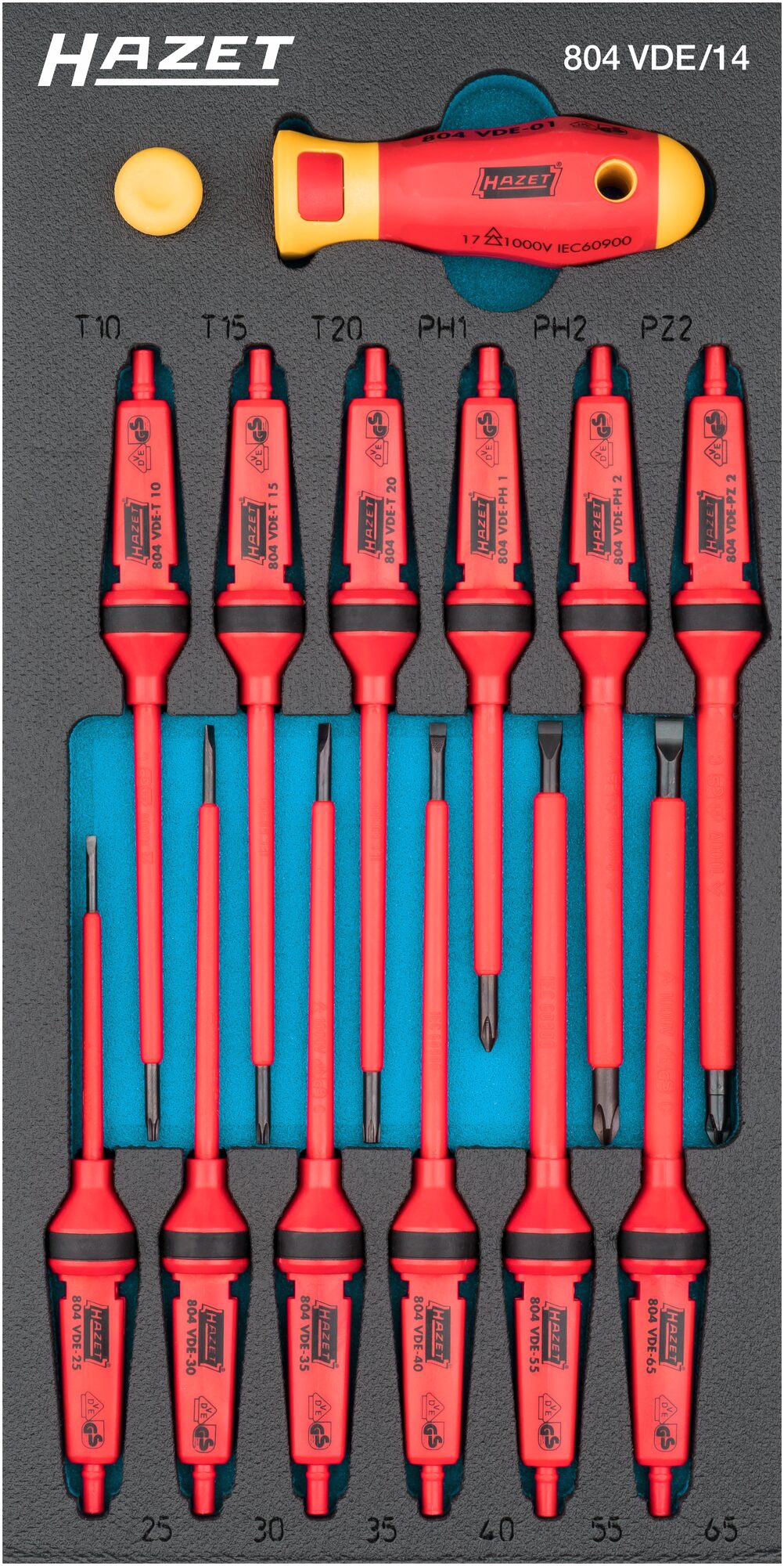 HAZET Schraubendreher Satz · schutzisoliert 804VDE/14 · Pozidriv Profil PZ, Kreuzschlitz Profil PH, Innen Sechskant Profil, Schlitz Profil · 2,5 x 0,4 – 6,5 x 1,2 · PH1 · PH2 · PZ2 · T10 · T15 · T20 · Anzahl Werkzeuge: 14