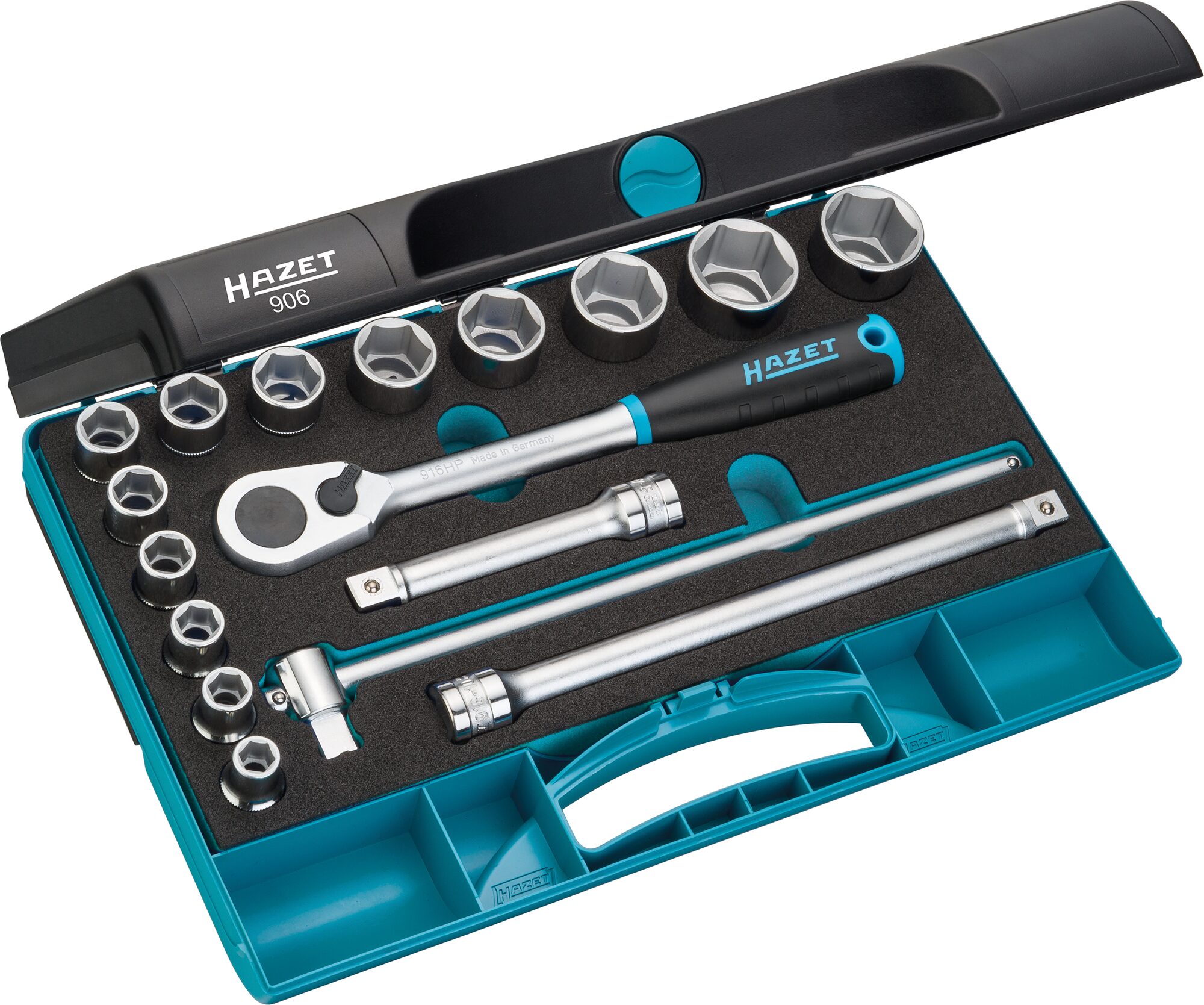 HAZET Steckschlüssel Satz 906 · Vierkant hohl 12,5 mm (1/2 Zoll) · Außen Sechskant-Tractionsprofil · 10 · 11 · 12 · 13 · 14 · 15 · 17 · 19 · 22 · 24 · 27 · 30 · 32 · Anzahl Werkzeuge: 17
