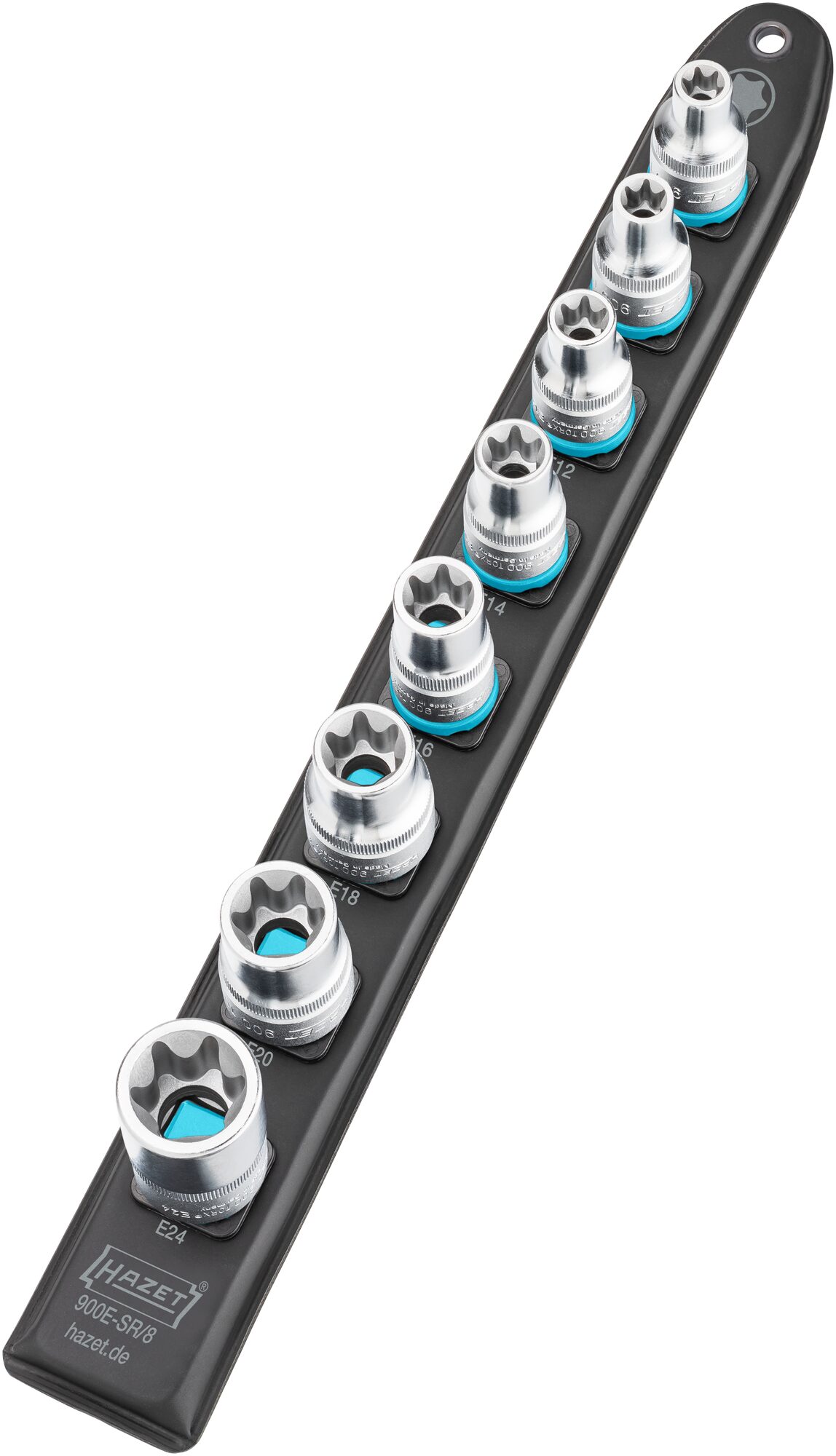 HAZET SmartRail · Flexible Kunststoff-Steckleiste 900E-SR/8 · Vierkant hohl 12,5 mm (1/2 Zoll) · Außen TORX® Profil · E10 · E11 · E12 · E14 · E16 · E18 · E20 · E24 · Anzahl Werkzeuge: 8