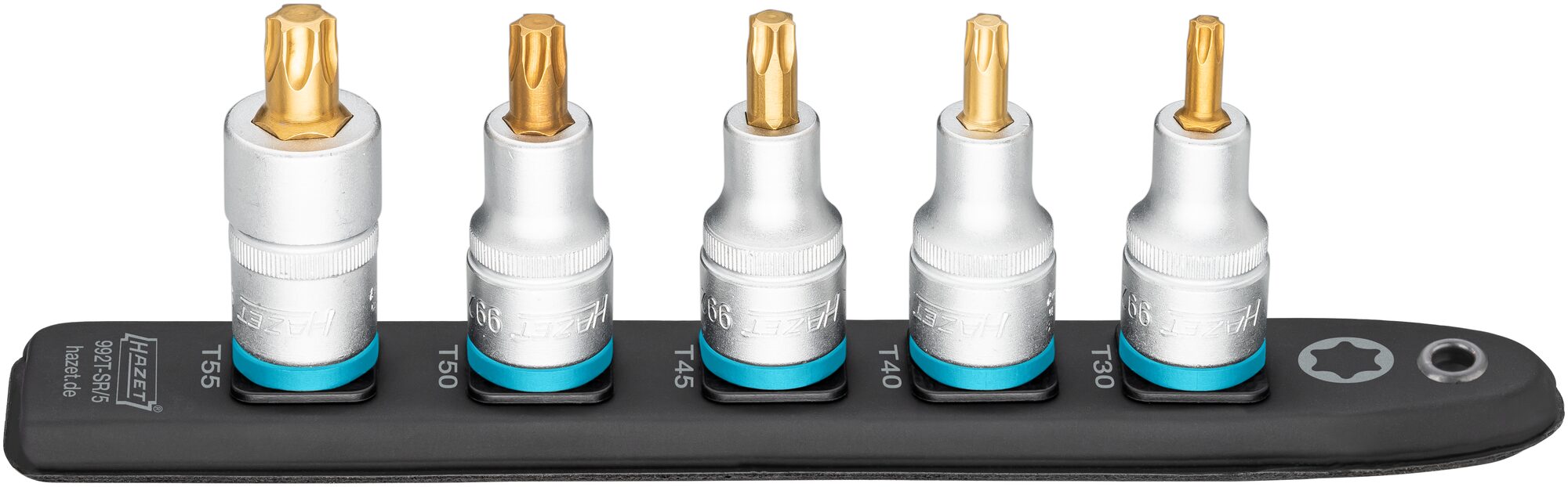 HAZET SmartRail · Flexible Kunststoff-Steckleiste 992T-SR/5 · Vierkant hohl 12,5 mm (1/2 Zoll) · Innen TORX® Profil · T30 · T40 · T45 · T50 · T55 · Anzahl Werkzeuge: 5