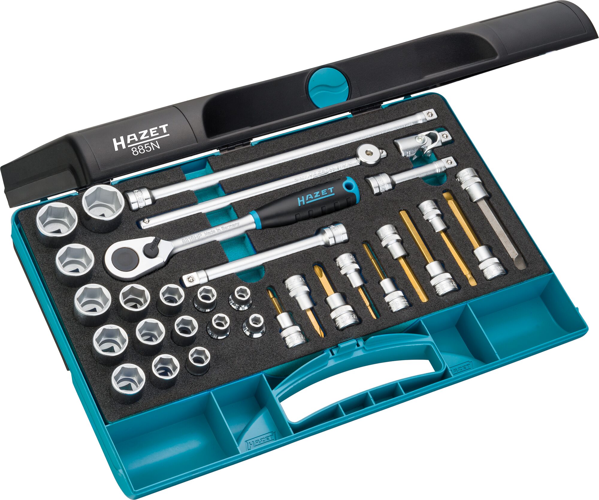 HAZET Steckschlüssel Satz 885N · 3/8 Zoll (10 mm) Vierkant hohl · Außen Sechskant-Tractionsprofil, Innen Sechskant Profil, Kreuzschlitz Profil PH, Schlitz Profil · 1x5,5–1,6x10 · 4–22 · PH1–PH3