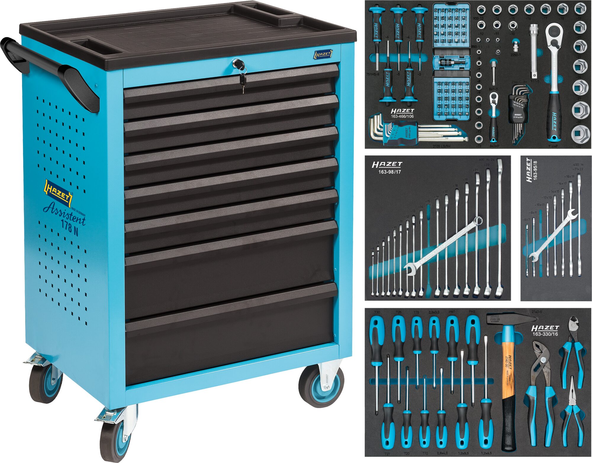 HAZET Werkstattwagen Assistent 178N-7 · mit 147 Werkzeugen 178N-7/147 · Schubladen, flach: 5?x 80?x?527?x?348 mm · Schubladen, hoch: 2?x 165?x?527?x?348 mm · Anzahl Werkzeuge: 147