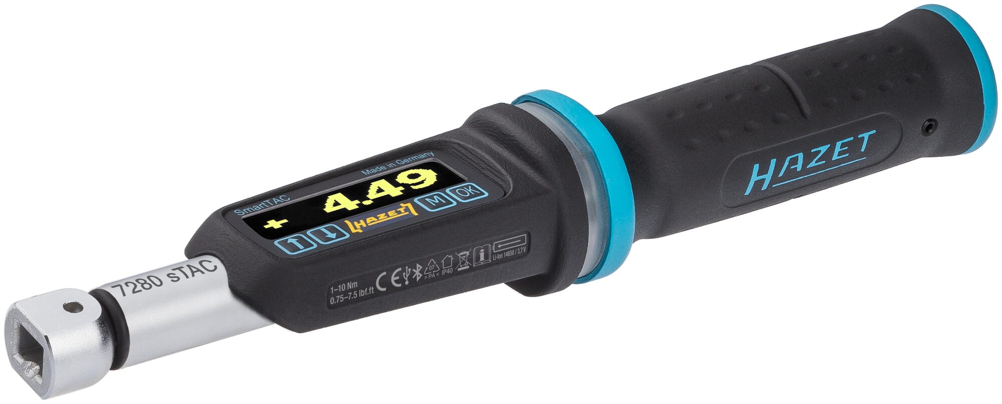 HAZET Elektronischer Drehmoment- / Drehwinkelschlüssel 7280-2STAC · Drehmomentbereich min-max: 1–10 Nm · lbf min-max: 0.75–7.5 lbf.ft  · Genauigkeit: 2% · 9 x 12 mm Einsteck-Vierkant, 1/4 Zoll (6,3 mm) Vierkant massiv · 260 mm
