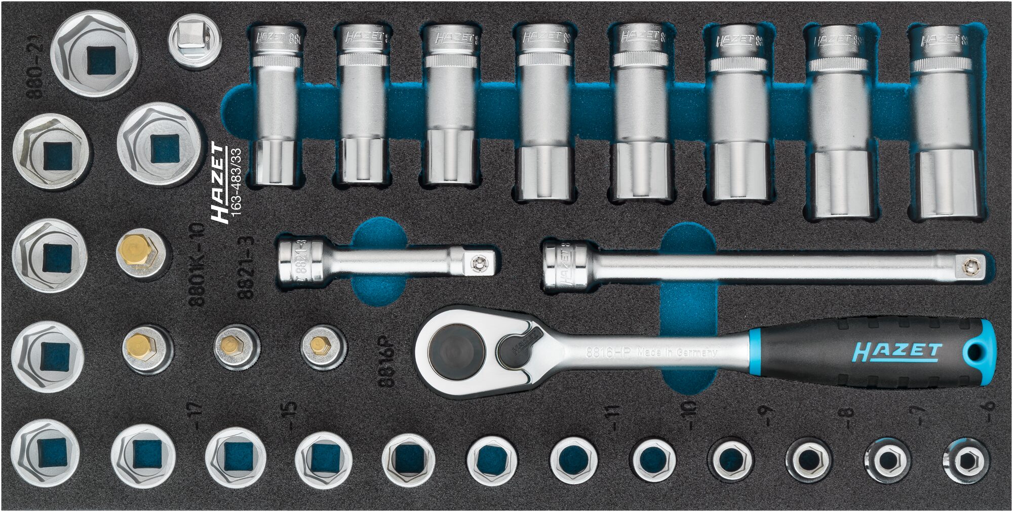 HAZET Steckschlüssel Satz 163-483/33 · Vierkant hohl 10 mm (3/8 Zoll) · Außen Sechskant-Tractionsprofil, Innen Sechskant Profil · 5?–?22 · Anzahl Werkzeuge: 33