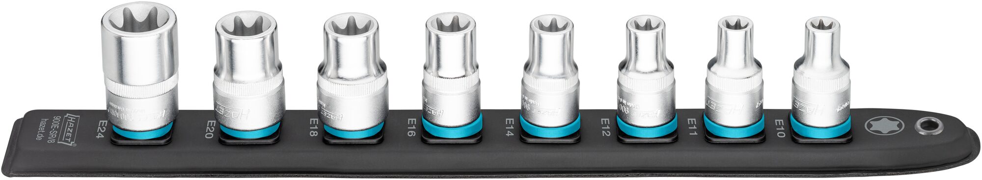 HAZET SmartRail · Flexible Kunststoff-Steckleiste 900E-SR/8 · Vierkant hohl 12,5 mm (1/2 Zoll) · Außen TORX® Profil · E10 · E11 · E12 · E14 · E16 · E18 · E20 · E24 · Anzahl Werkzeuge: 8
